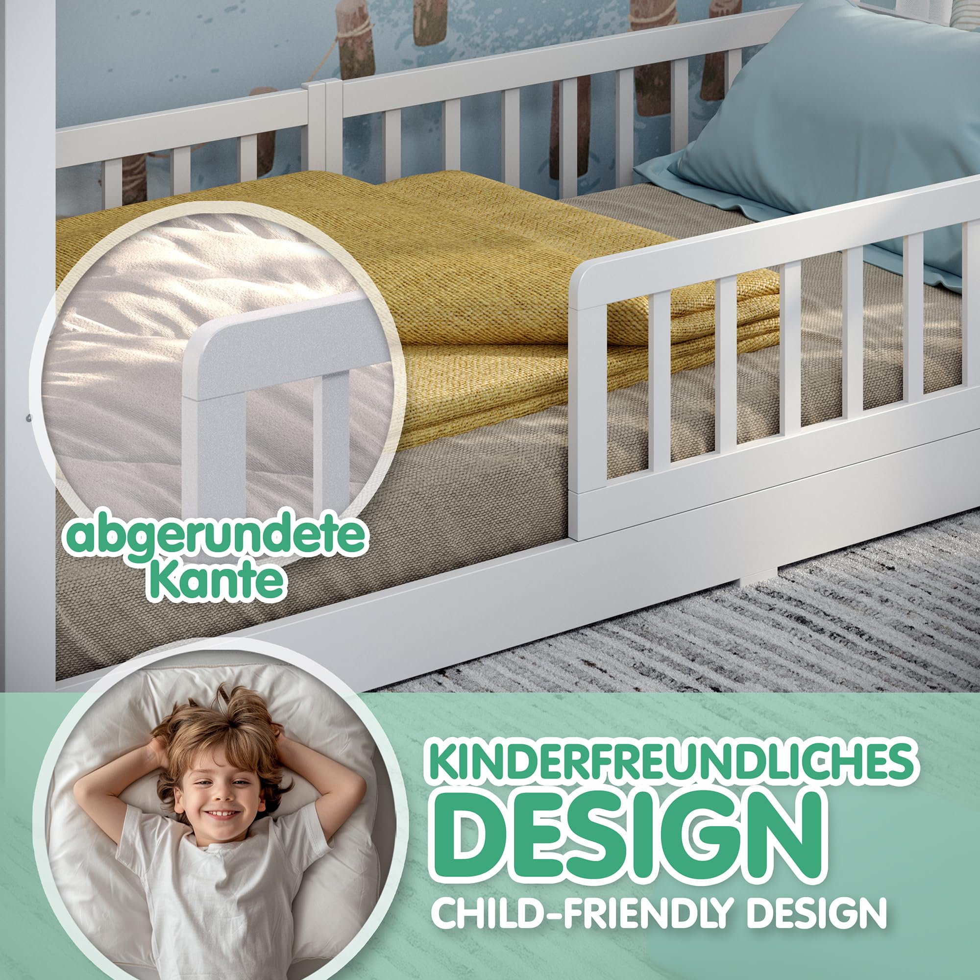 CADANI Malte Letto Casetta per Bambini 90x200 cm – Letto Montessori a Pavimento con Barriera Rimovibile, fino a 200 kg, Rete a Doghe Inclusa, Legno Massello di Pino, Bianco