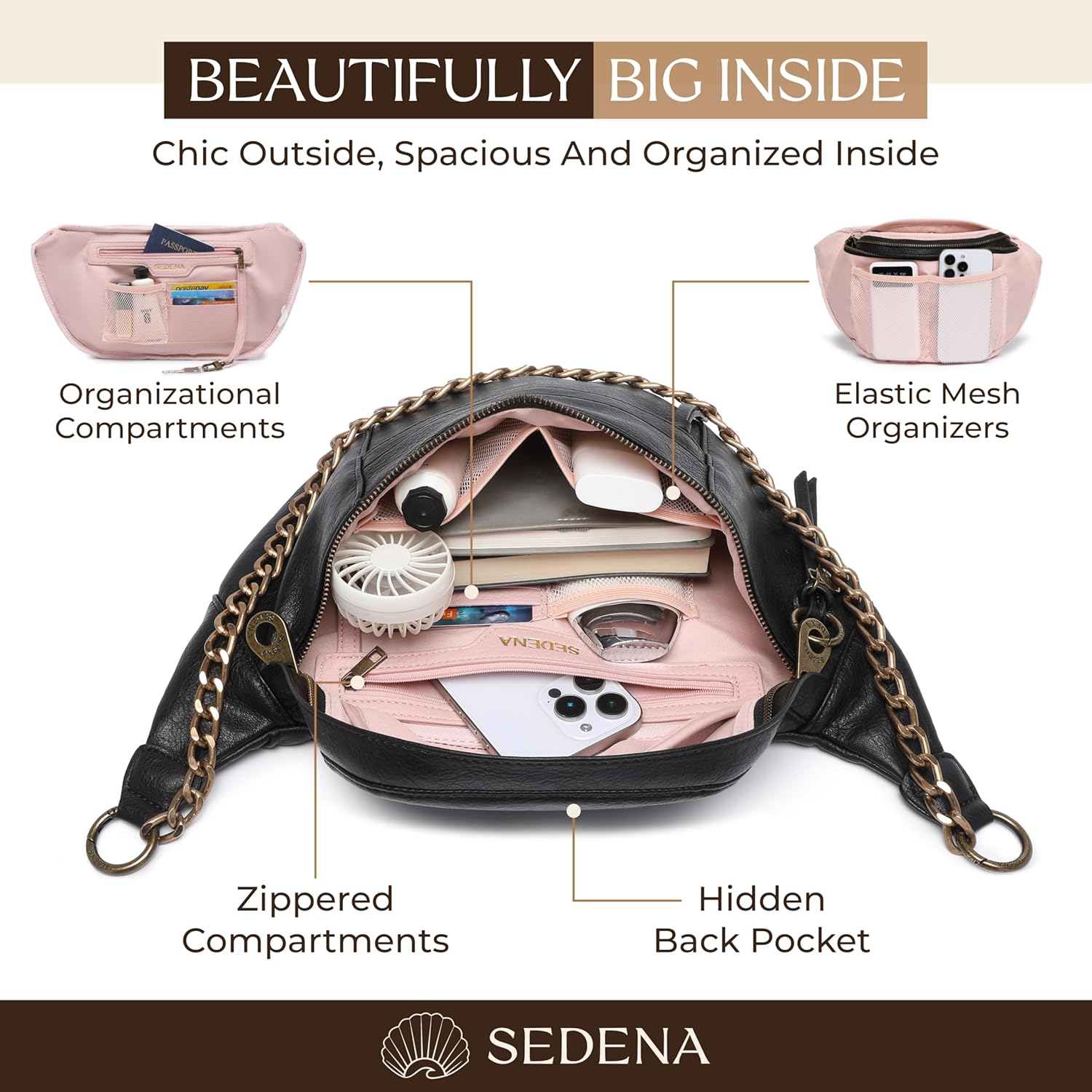 Anti Pickpocket Crossbody Bag – Large Vegan Black Leather Sling Bag with RFID & Glasses Pockets, Anti Theft Design, Multiple Compartments, Chain Detail Travel Crossbody Bag for Women - Image 6