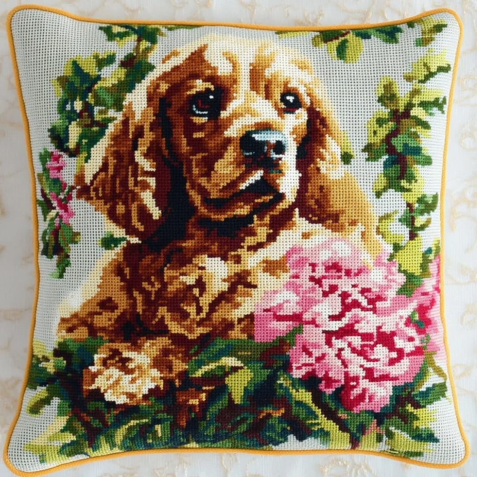 WallustrioaW Cross Stitch Cushion Kit Pillow,Charles Spaniel in the Flowerbed DIY Embroidery Cross Stitch Cushion Kits Needlework 11ct Stitched Pillow Cover,45x45cm