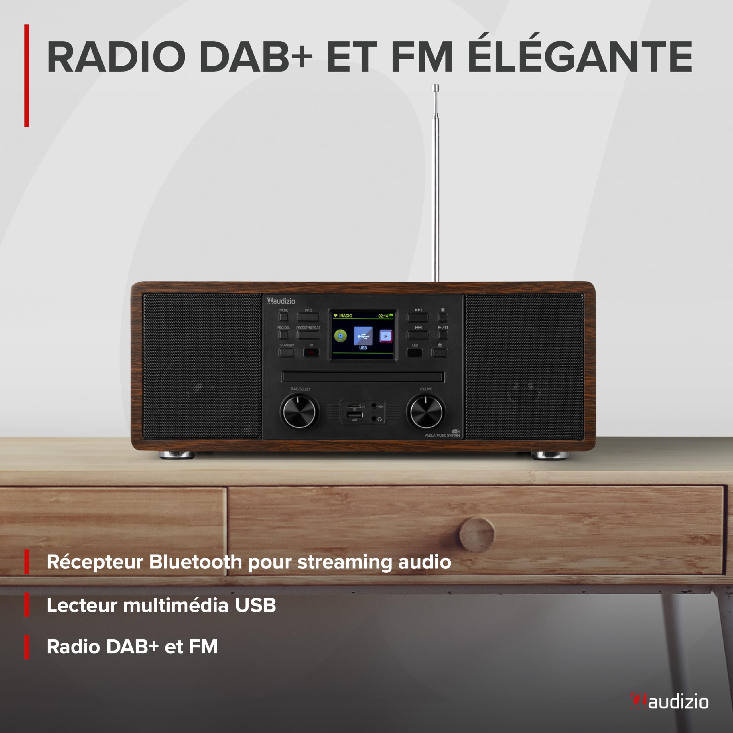 Audizio Avola Radio Internet WiFi avec Lecteur CD et Bluetooth - Couleur Noyer, Radio Dab+, FM, Haut-Parleurs Stéréo, Télécommande, Idéale pour Diffuser Vos Radios Préférées du Monde Entier