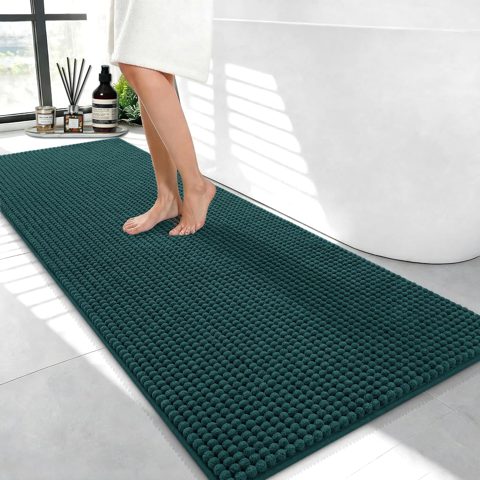 Linruione Extra Long Chenille Bath Mat 50x120cm, Non Slip Bath Mats for Bathroom Floor, Super Absorbent Quick Dry Bathroom Rug Runner, Green
