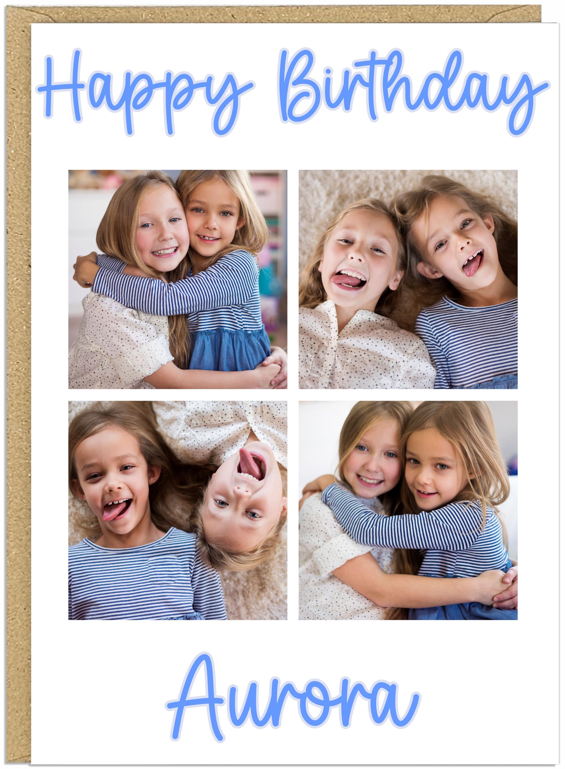 Happy Birthday Personalised 4 Photo Birthday Card for Her Women Girls - Custom Upload Own Pictures & Message Pink Grey Gold Text A5 Greeting Card For Sister Daughter Mum Friend (Blue Text)