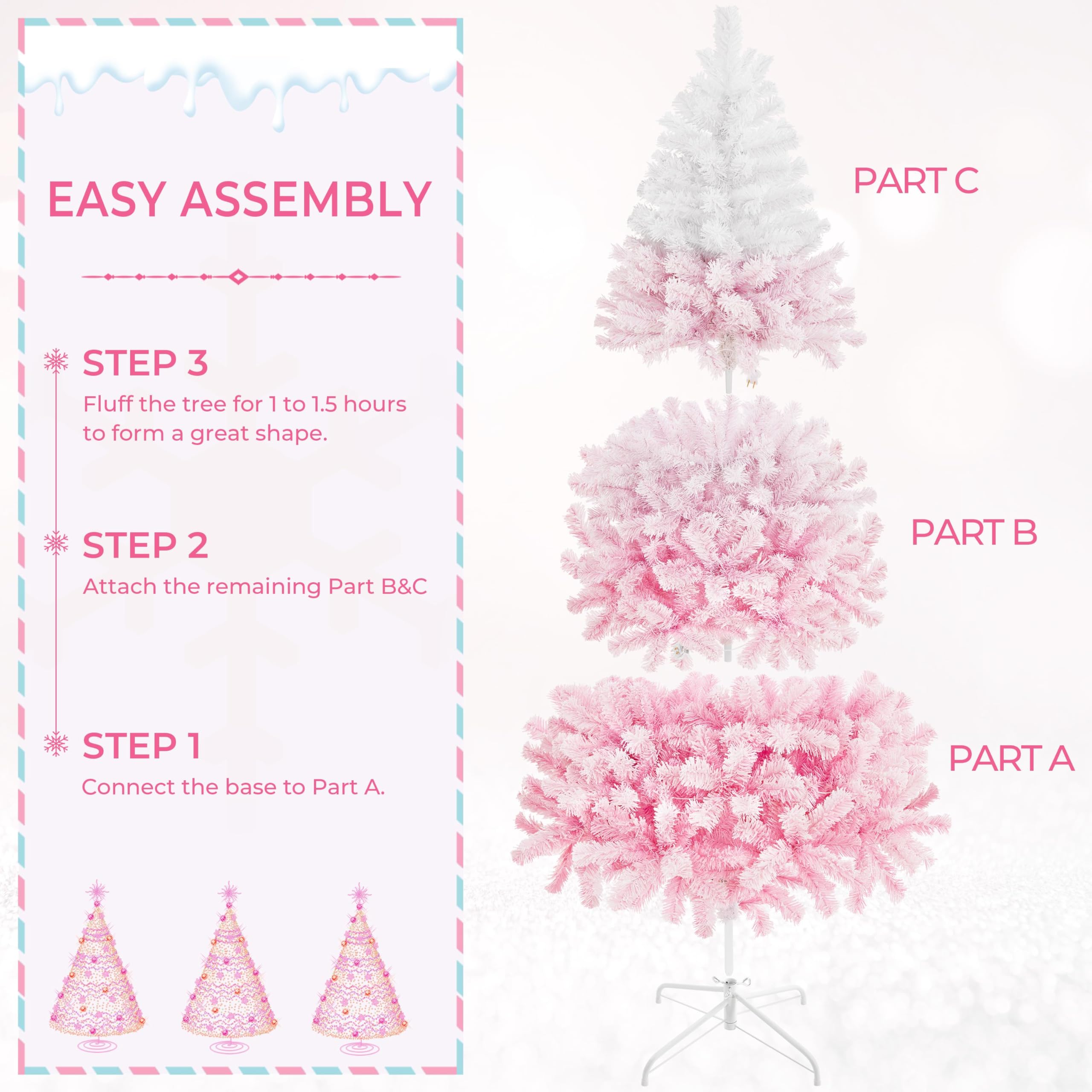 Yaheetech 6ft Pre-lit Artificial Christmas Tree with 250 Incandescent Warm White Lights, Snow Flocked Full Prelighted Xmas Tree with 820 Branch Tips & Foldable Stand, Pink Gradient