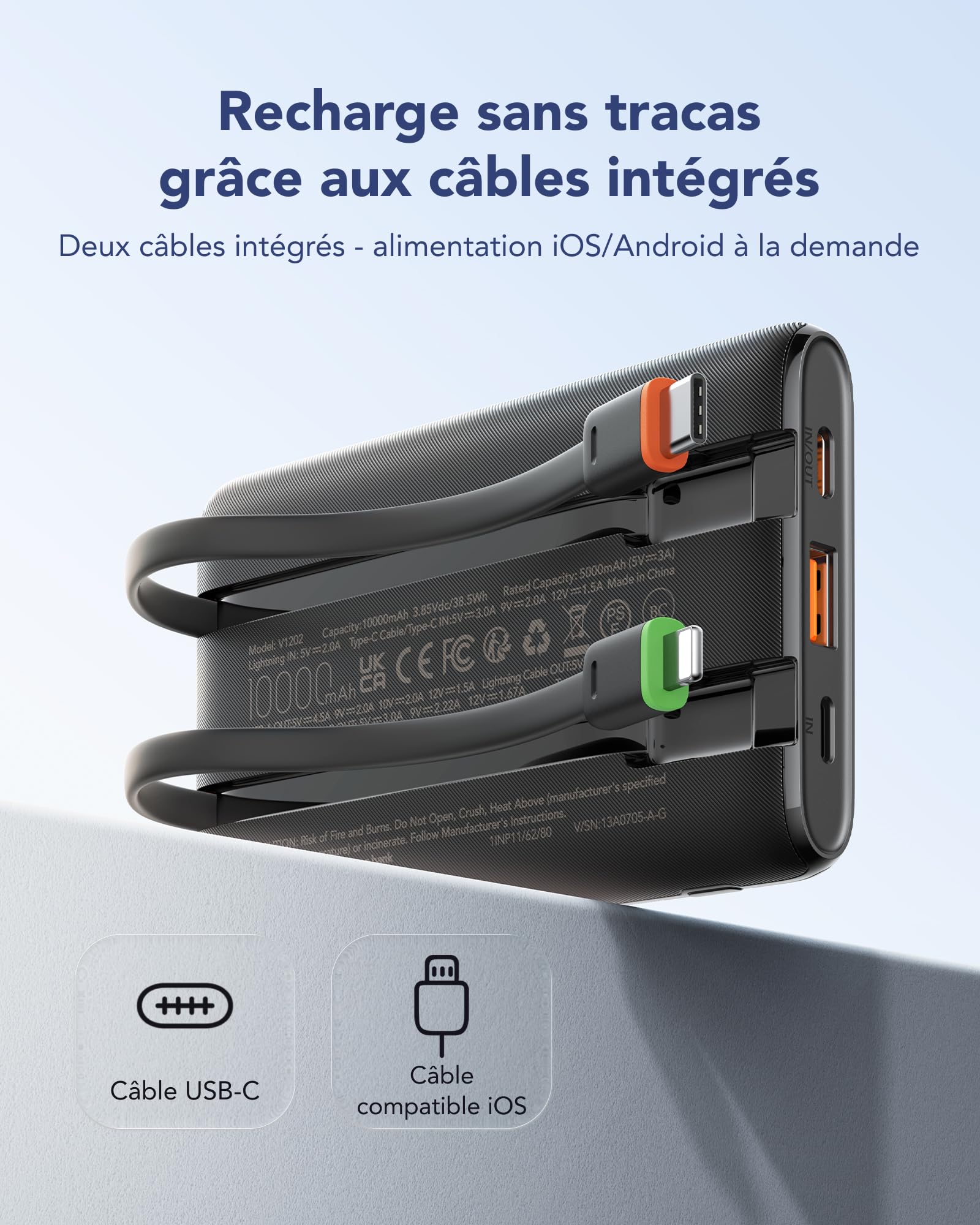 VEGER Batterie Externe 10000mah avec Câble Intégré, Power Bank 22.5W Charge Rapide Portable, Fin Compact Chargeur USB C avec écran LED, 4 Sorties et 3 Entrées, Compatible avec iPhone Huawei Xiaomi