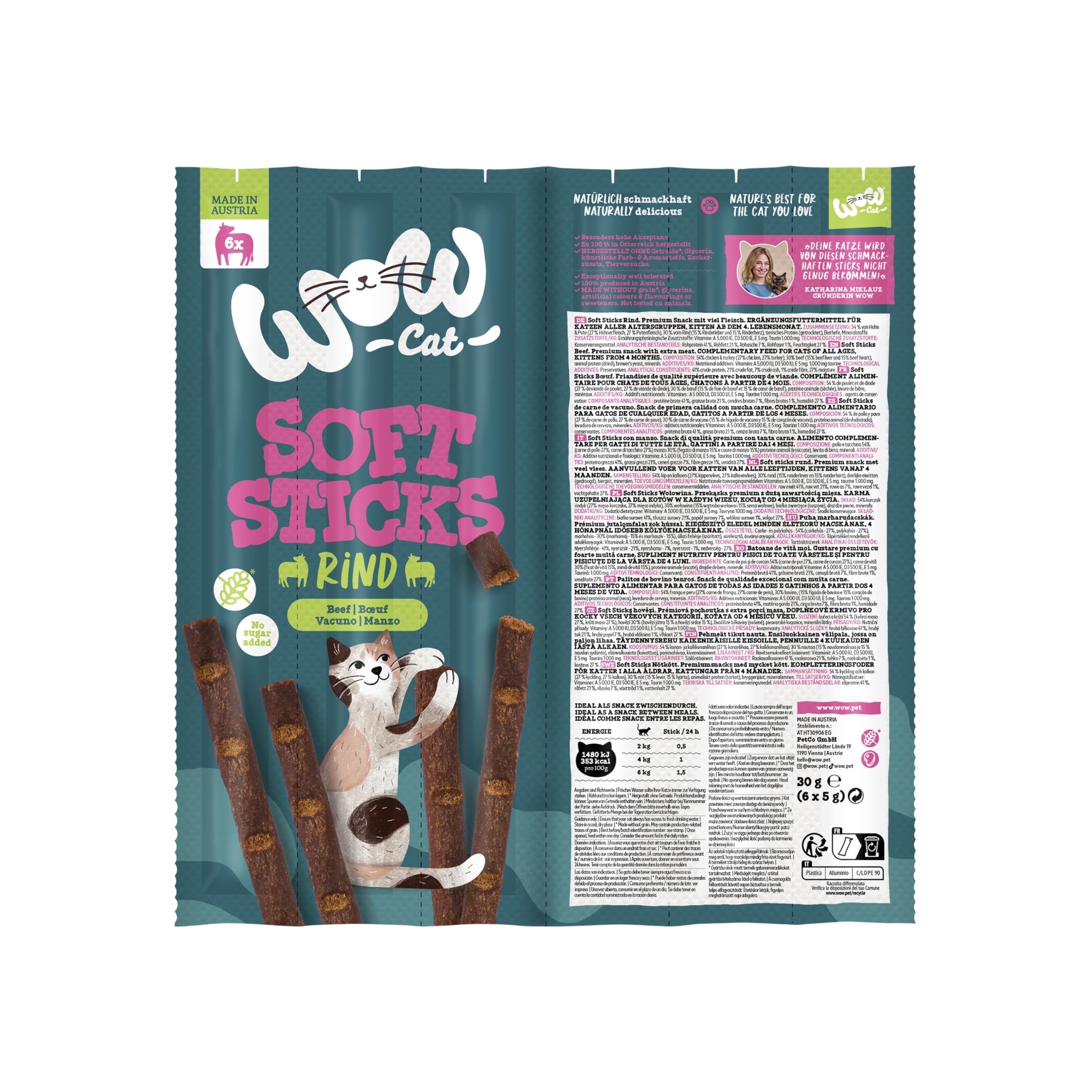 WOW Cat Soft Sticks Snack mit Rind 32 x 30g | ohne Getreide & Zucker