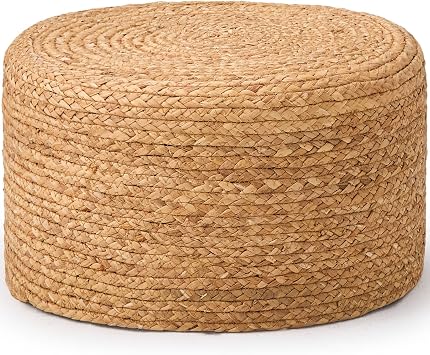 Wimarsbon Round Pouf Ottoman, Natural Hand Knitted Footrest Poof, Rustic Lounge Pouffe, Boho Pous Foot Stool, Accent Table or Seat Natural Water Hyacinth, 17.7 * 17.7 * 9.84