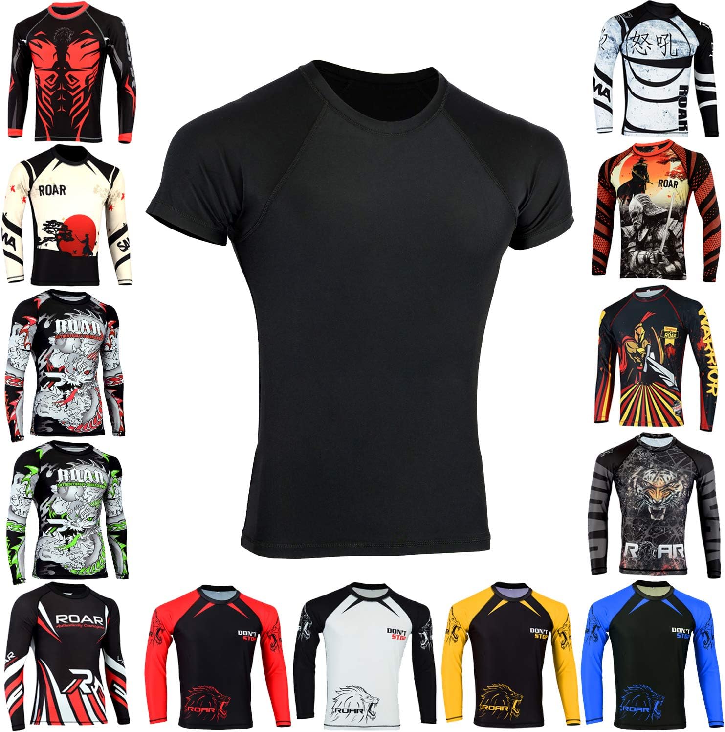 Roar BJJ Rash Guards MMA Grappling Jiu Jitsu Training No Gi Fight Wear Shirt UFC (Simple Black, Medium)