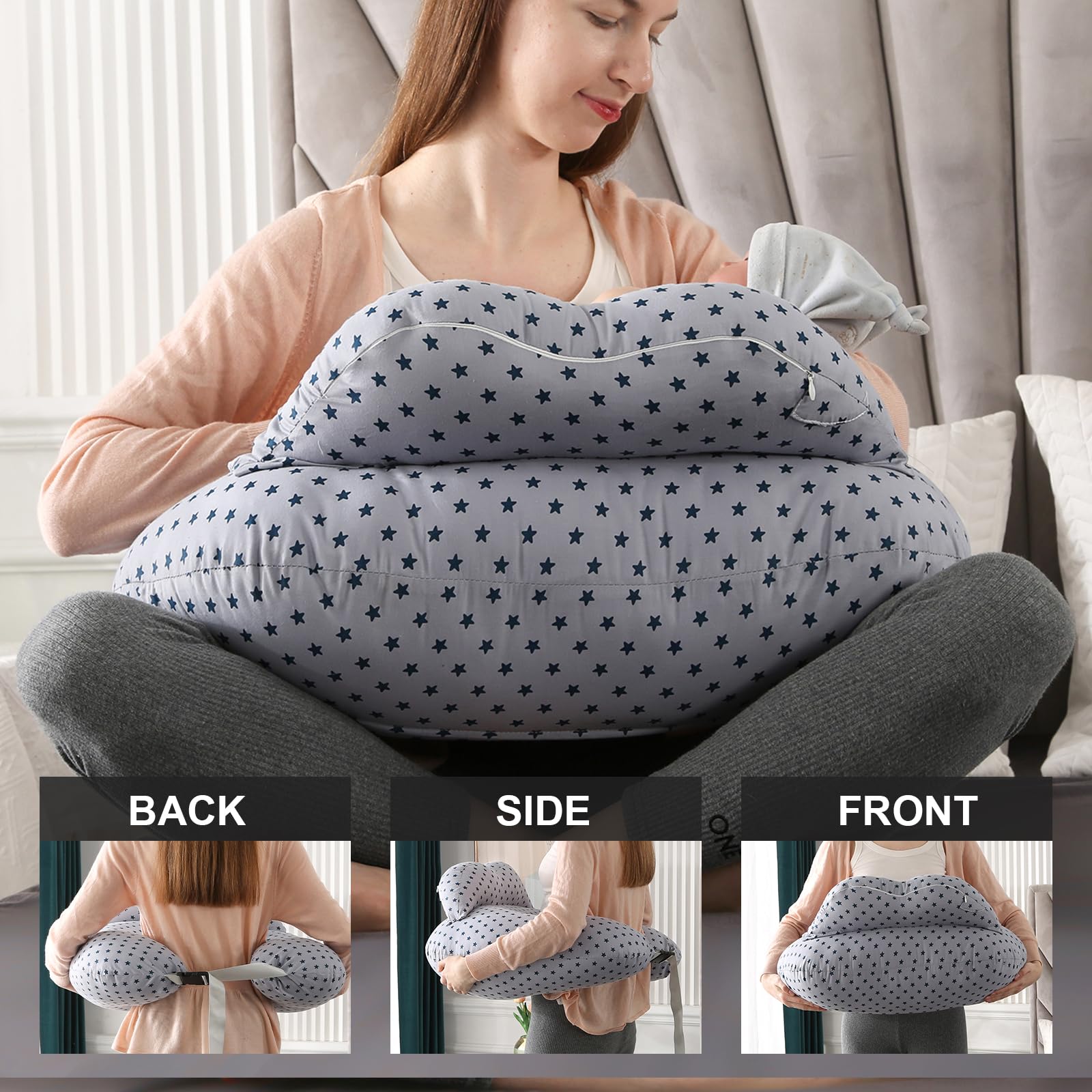 Almohada de embarazo, almohada de lactancia, almohada multifuncional con funda de almohada 100% algodón, en forma de U, lavable, para madres
