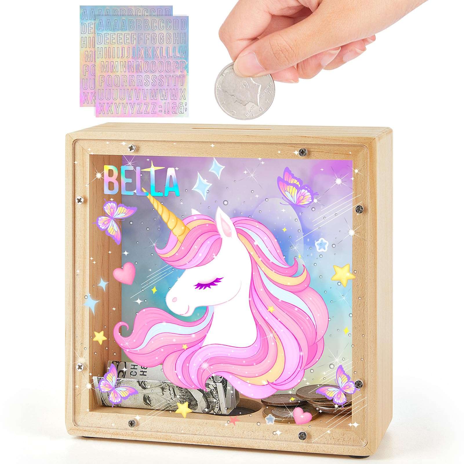 MHJY Wooden Piggy Bank for Kids Personalizable DIY Coin Bank for Girls Boys