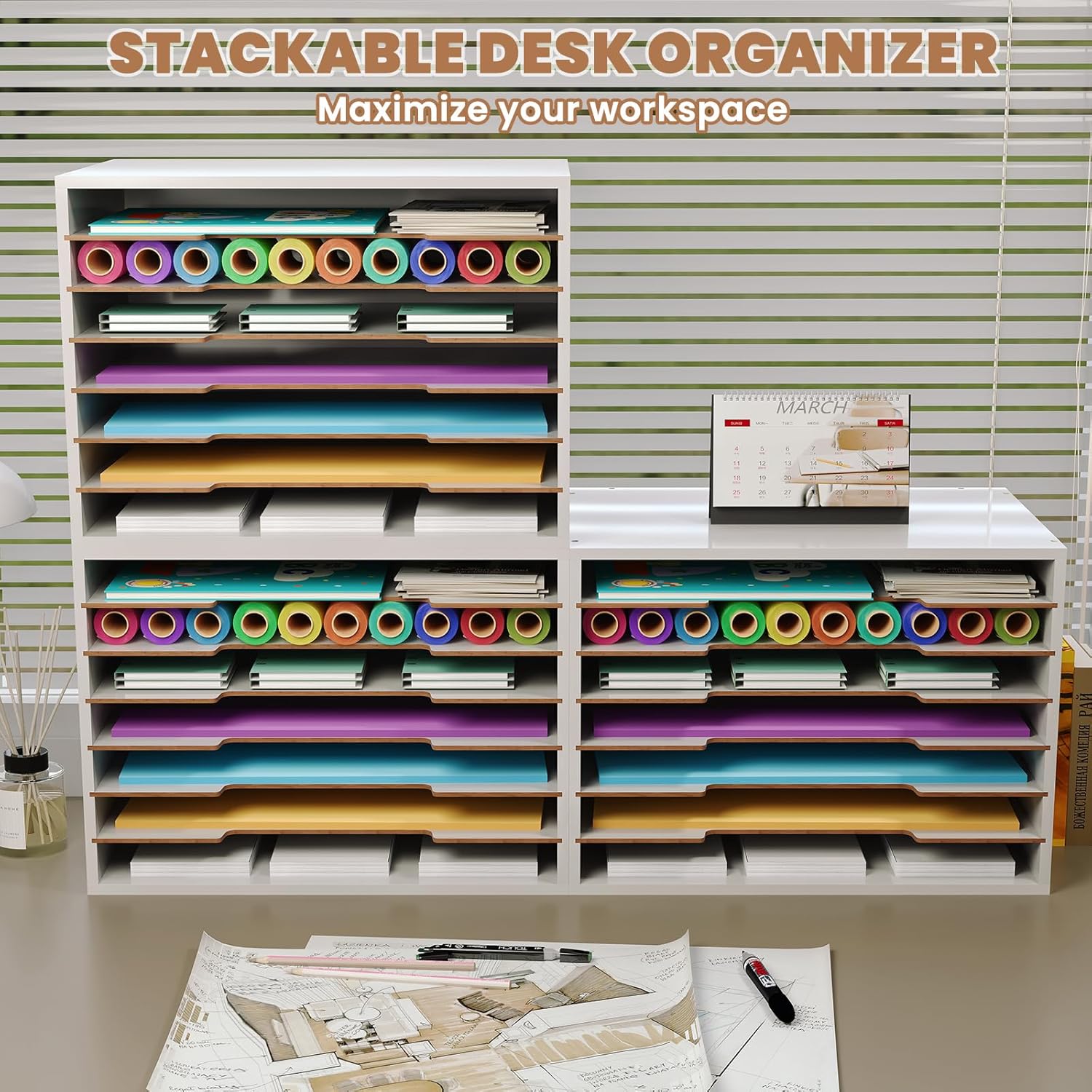12x18 Construction Paper Organizer Wood, 7 Tier Desk File Organizer with Handle, Stackable Paper Sorter Storage Holder with Adjustable Shelves for Craft Room Home Office Classroom, White
