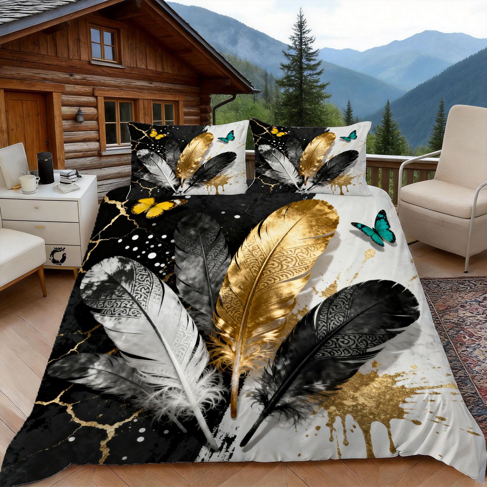 3D Single Duvet Cover Set 3D Printed Feather Bedding, Chic Soft Microfibre Duvet Cover Sets Quilt Cover and Pillow Set with Zipper 3 Pcs