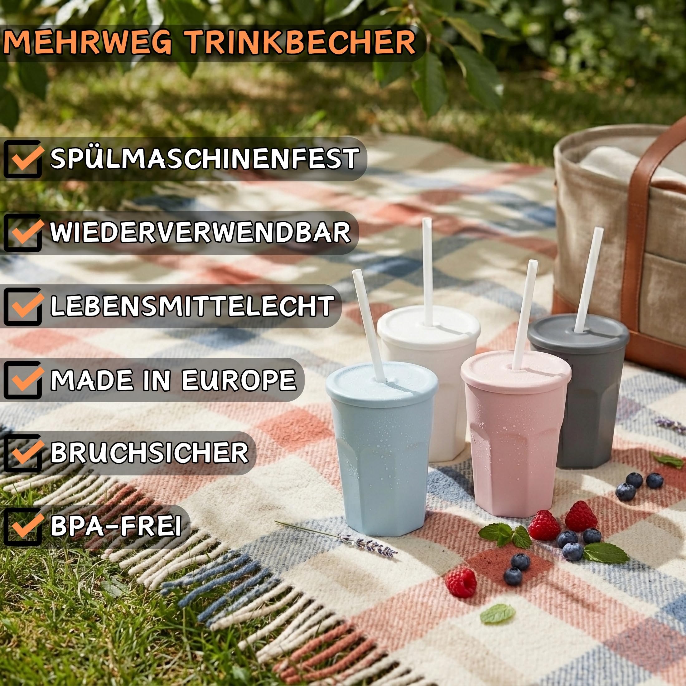 5 bicchieri di plastica con coperchio, rosa, con cannuccia, per feste, in plastica, riutilizzabili, 0,25 litri