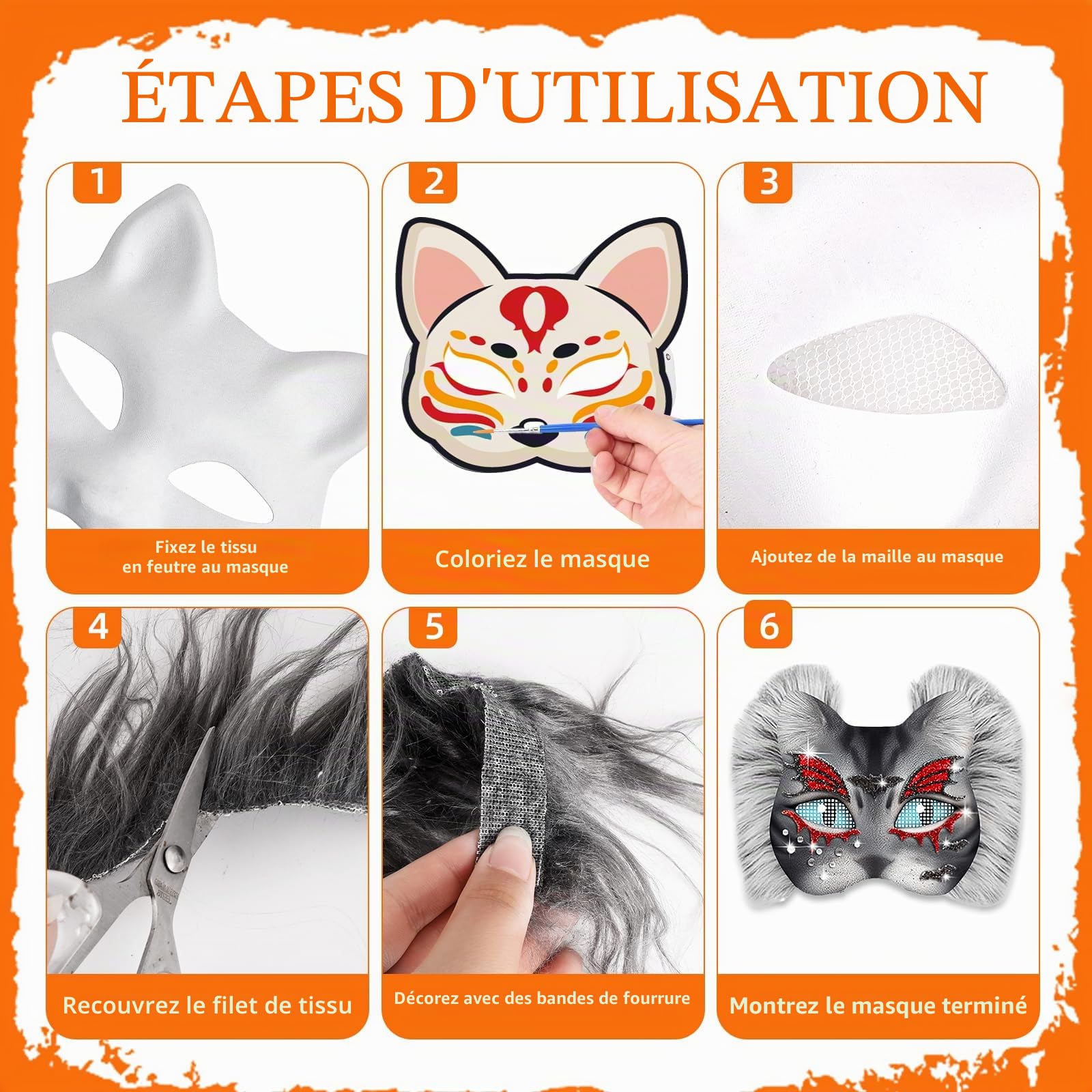 Masque thérien pour chat - Masque de furry - Film en maille plastique - Fourrure synthétique - Pinceau en maille - Couleurs pour cosplay et Halloween