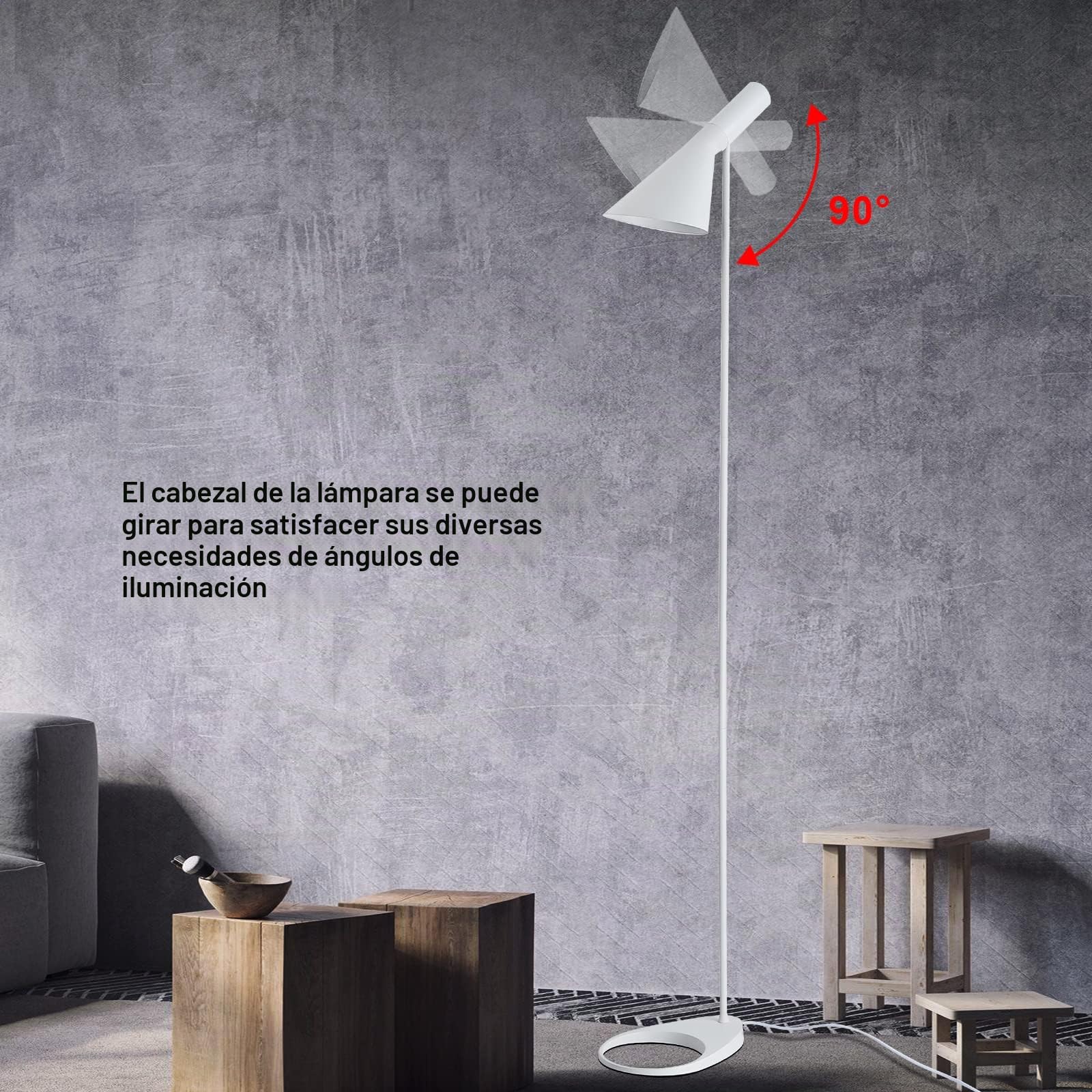 BarcelonaLED Lámpara de Pie LED Diseño moderno metal nórdico blanco con Casquillo E27, Cabeza ajustable, interruptor de pie para Iluminación Interior Suelo Salón Habitación Dormitorio y Estudio