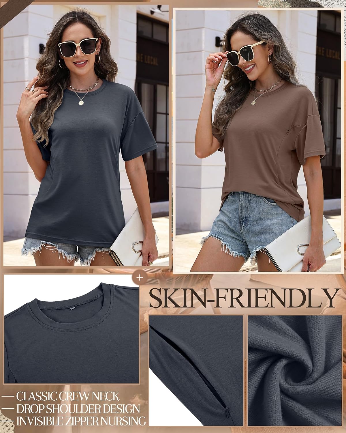 Ficerd 4 Pack Women's Nursing Breastfeeding Tops Hidden Zipper Short Sleeve Loose Fit Shirts Crew Neck Maternity Summer Tees