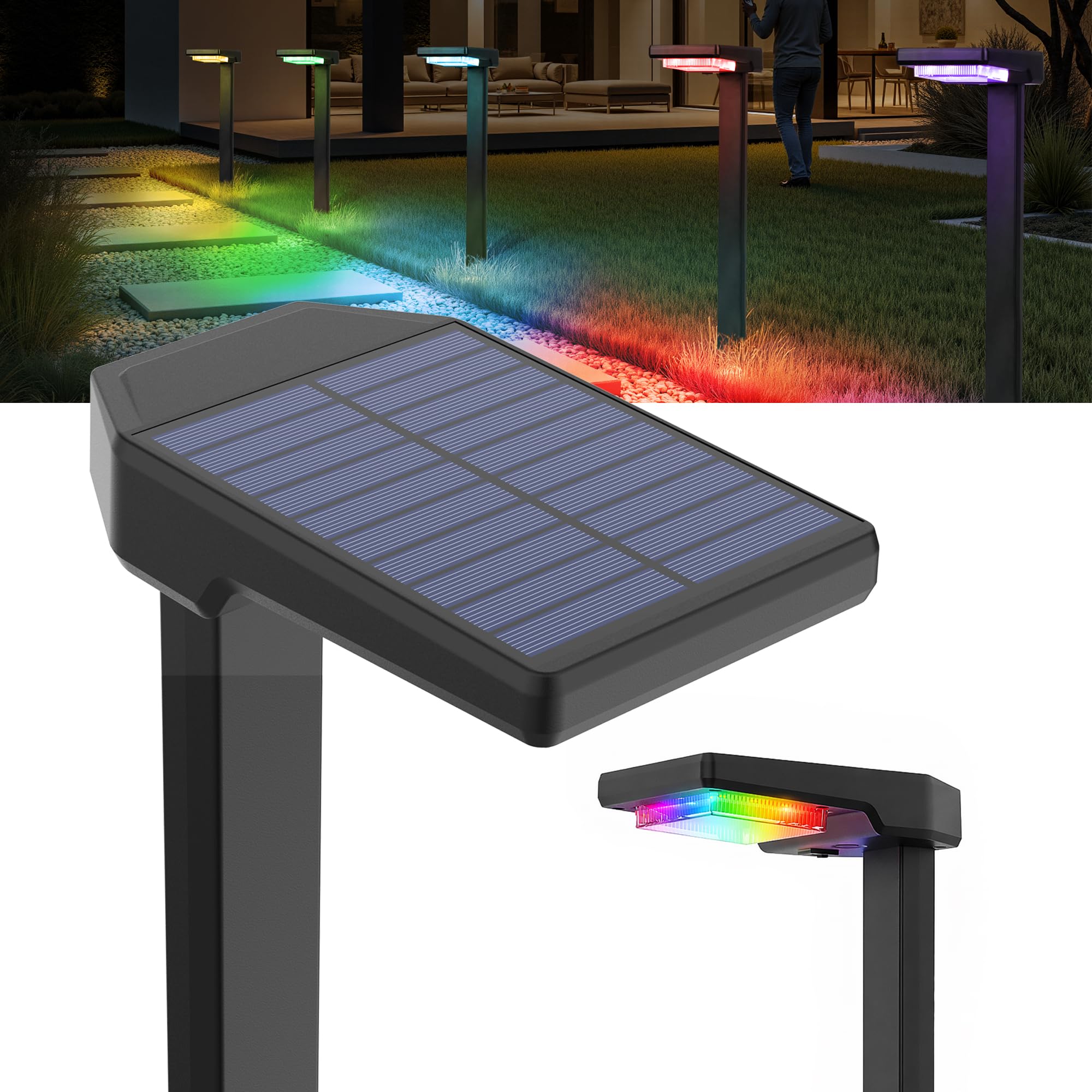 AUDERWIN 2 Pack Color Changing & Sync Smart Solar Pathway Lights, Solar Lights Outdoor Waterproof, 9 Modes (Warm White/Cool White/RGB) Landscape