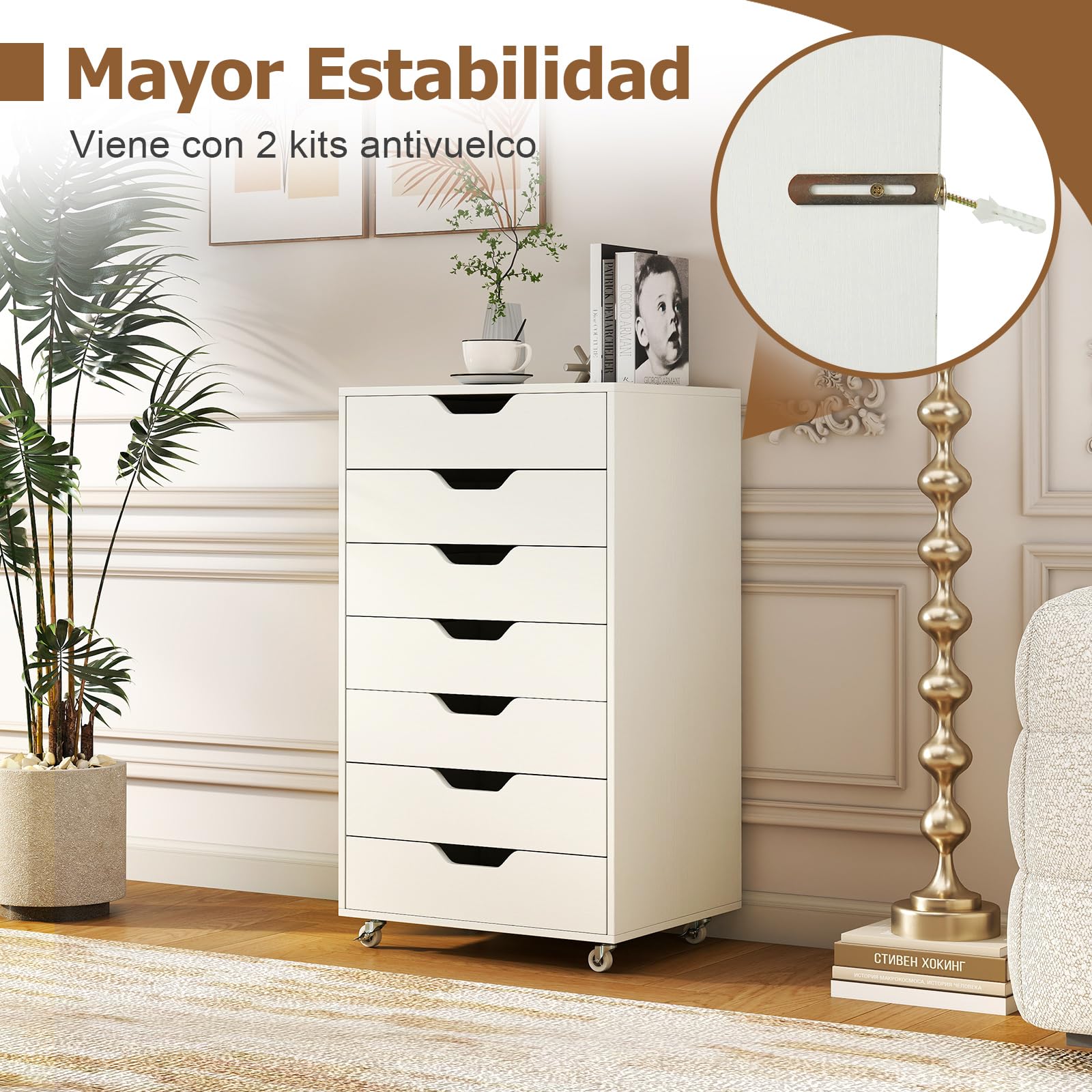 COSTWAY Cajonera Escritorio con Ruedas, 49x40x87 cm, Cajonera Oficina Móvil con 7 Cajones, Archivador Móvil de Madera para Oficina, Estudio, Salón, Dormitorio, Armario de Almacenamiento (Blanco)