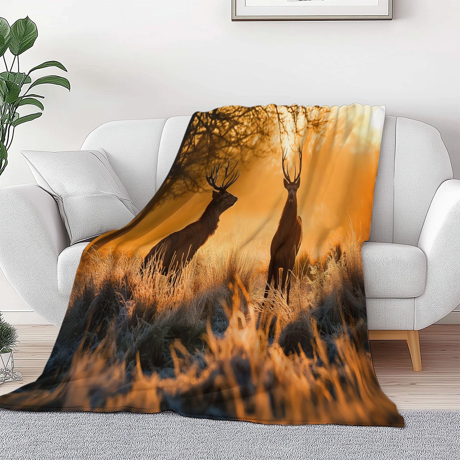 Pomarańczowy, puszysty, ciepły koc do przytulania, 200 x 200 cm, miękki, realistyczny, wschód słońca, zwierzęta, łoś, pluszowy koc z nadrukiem, dekoracyjny koc dla dzieci i dorosłych
