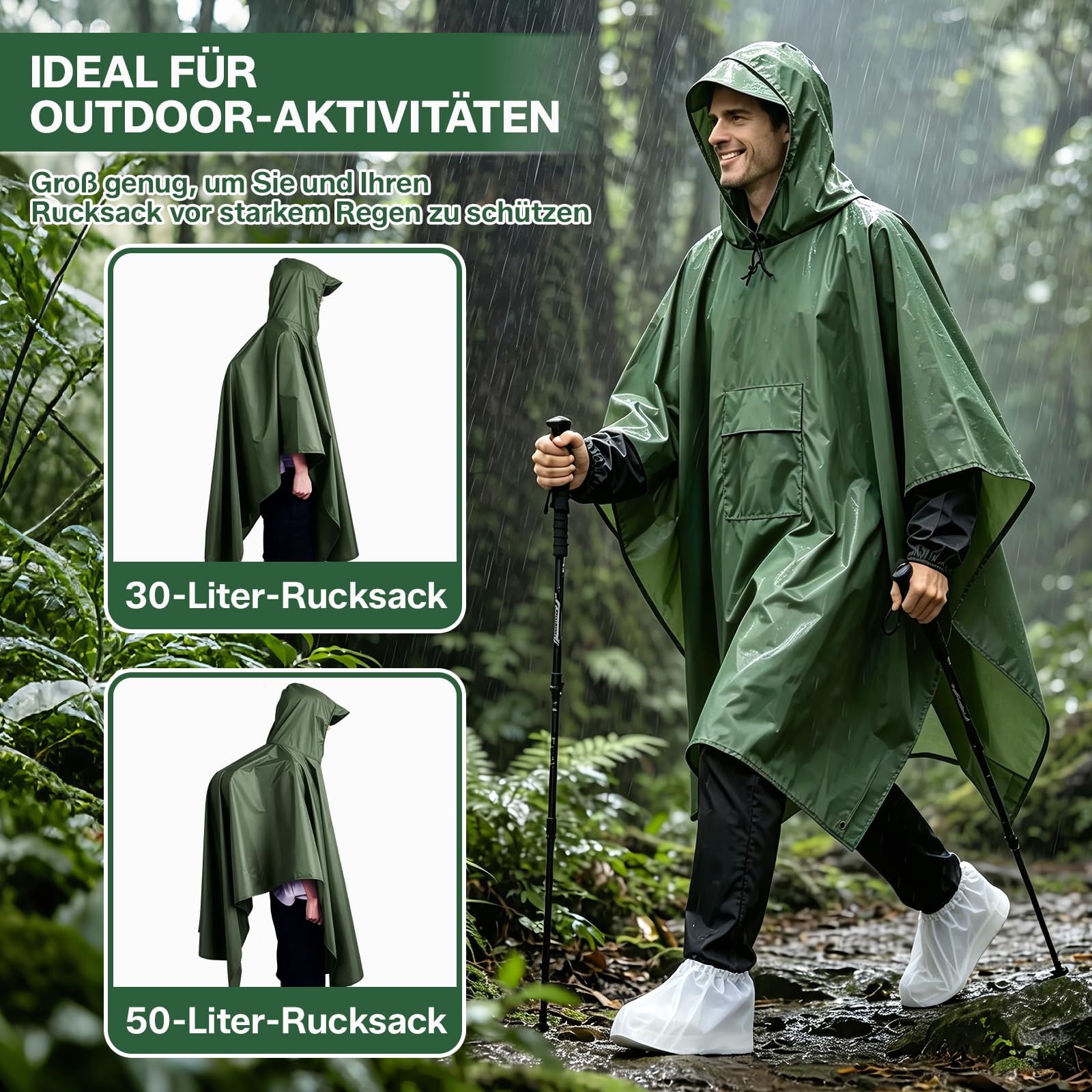 Esoes Poncho impermeable ligero hombre y mujer, chaqueta impermeable multiusos para actividades al aire libre con capucha, bolsa plegable y cubrezapatos