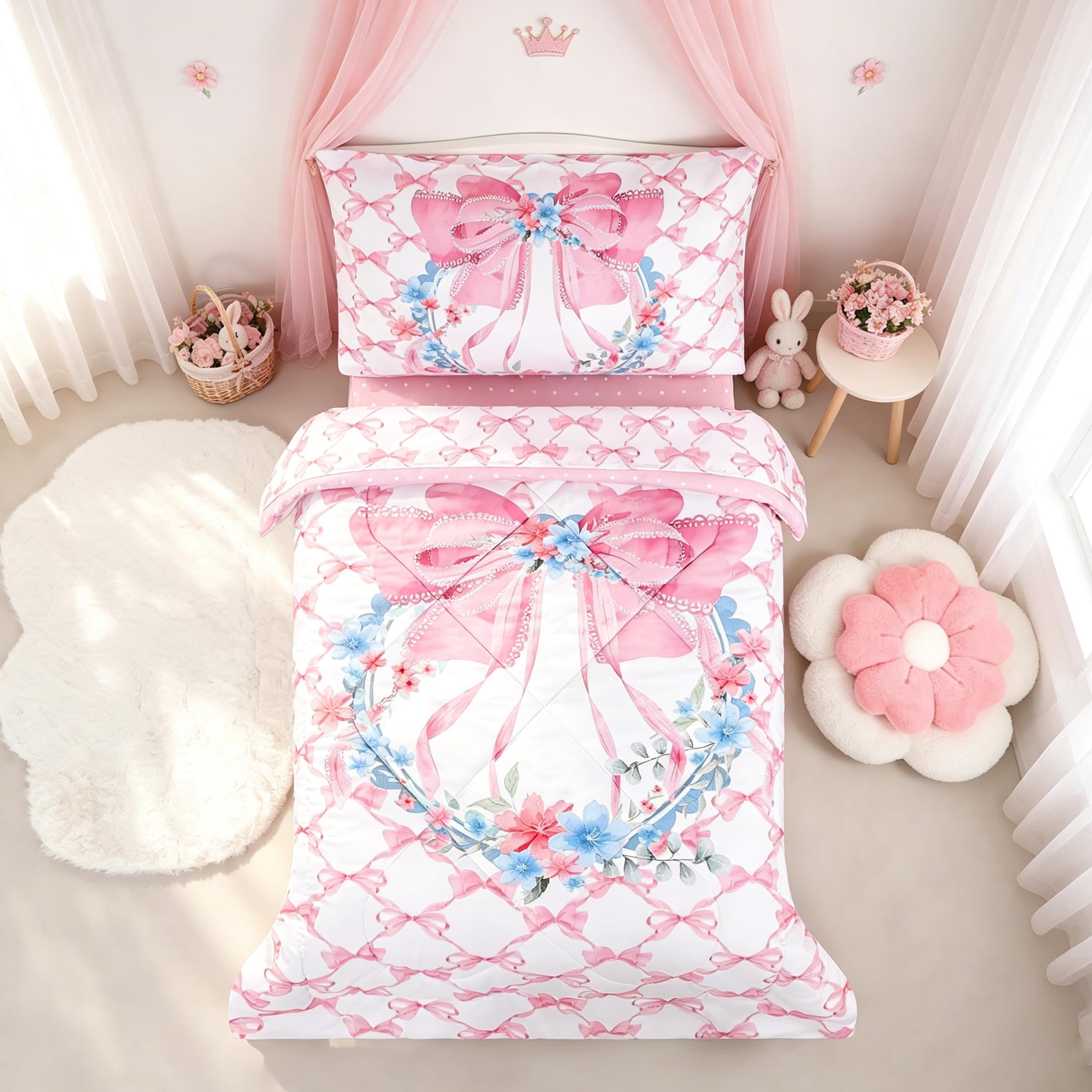 Juego de ropa de cama para niñas, lazo rosa
