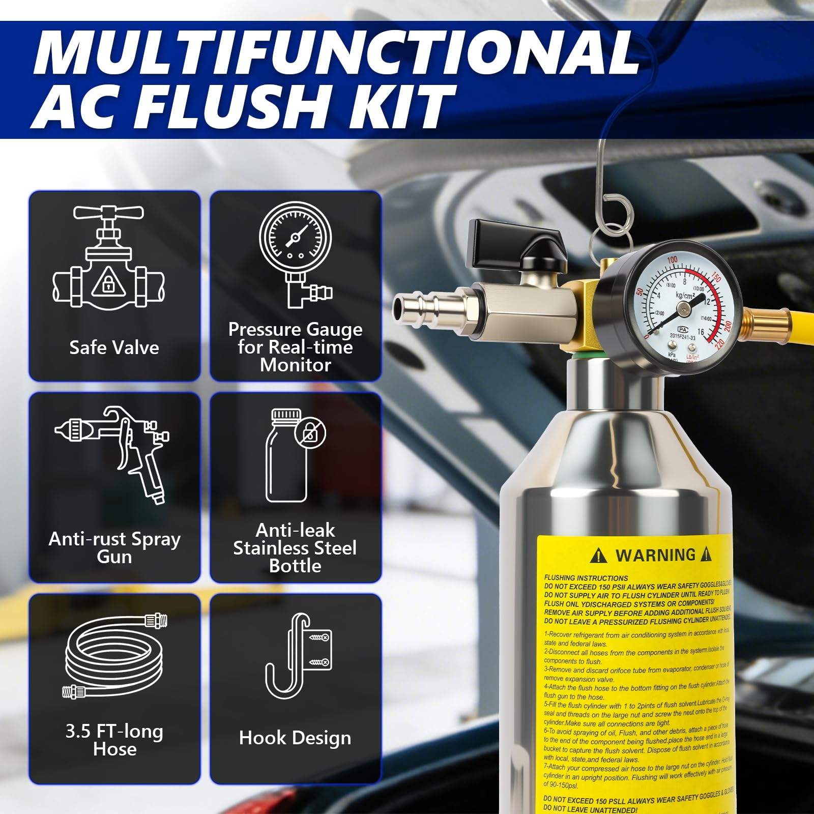 MRCARTOOL Kit di aria condizionata AC per auto, set di strumenti per aria condizionata A/C, con manometro e tubo da 1 m, HVAC Flush Kit per auto