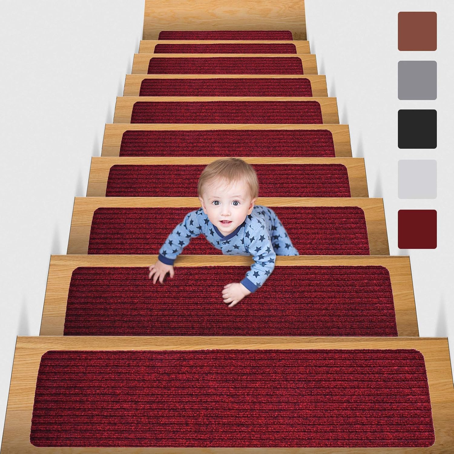 MBIGM 8" X 30" (15 in Pack) Non-Slip Carpet Stair Treads Non-Skid Safety Rug Slip Resistant Indoor Runner for Kids Elders and Pets with Reusable Adhesive, Grey - - 