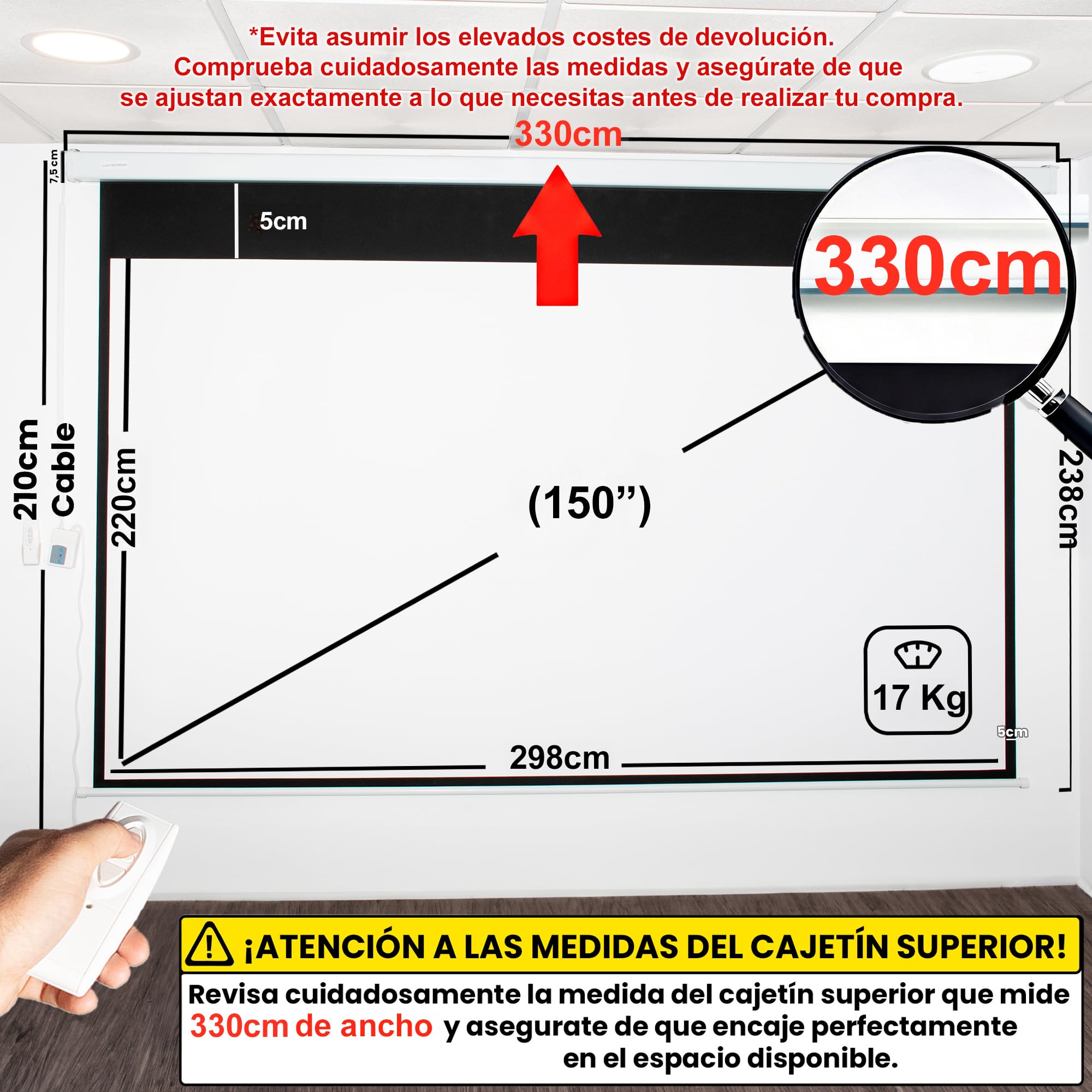 Pantalla de proyeccion motorizada de 150", Dimensiones de la Tela 3 x 2,20 Metros, cajetin de Acero 3,30 Metros, Pantalla para proyector electrica con Mando inalambrico (150 Pulgadas)