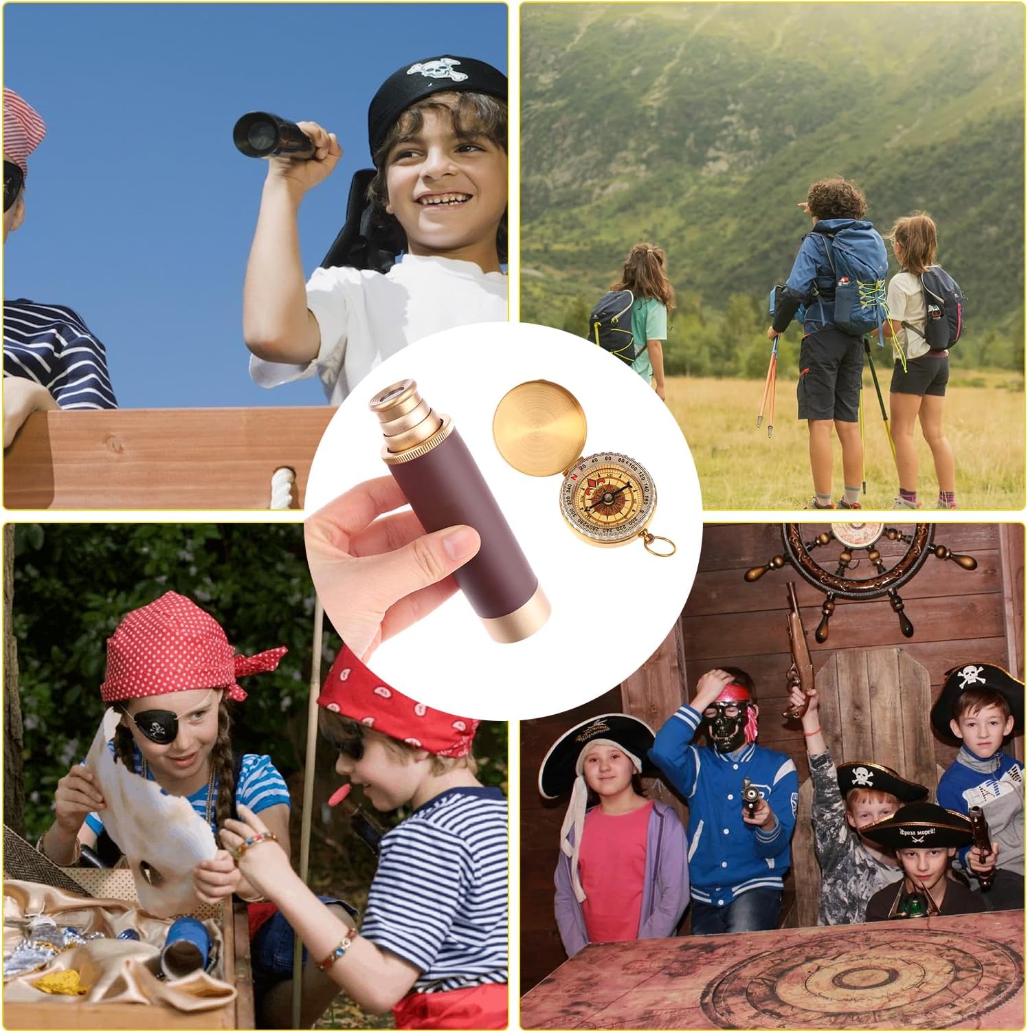 Pirate Accessories, Pirate Telescope with Treasure Map and Pocket Compass, Handheld Collapsible 25x30 Zoomable Monocular Spy Glasses, Brass Compass and Telescope for Party Cosplay Boy Gifts