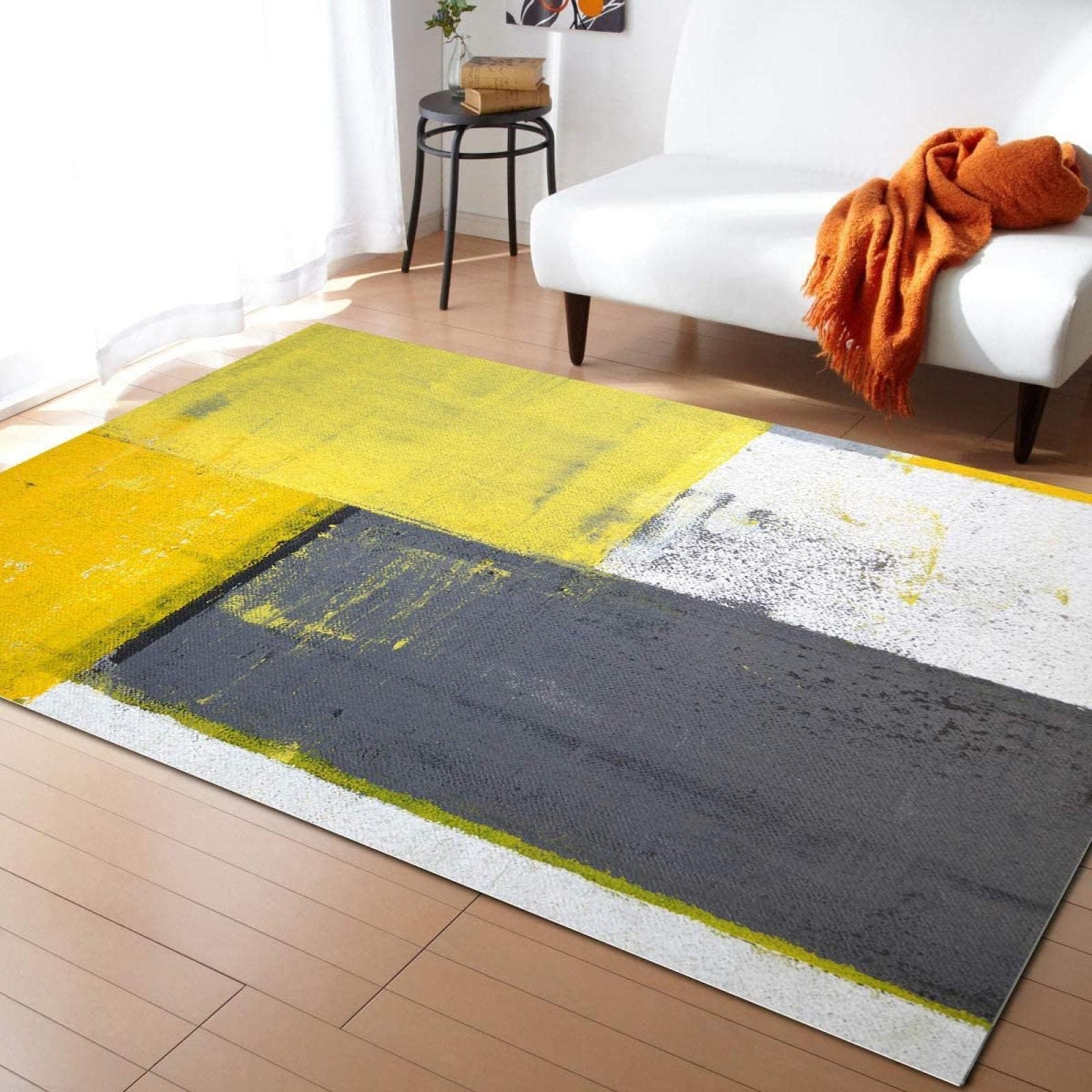 Tapis géométrique moderne dégradé jaune gris blanc 90x120 cm lavable