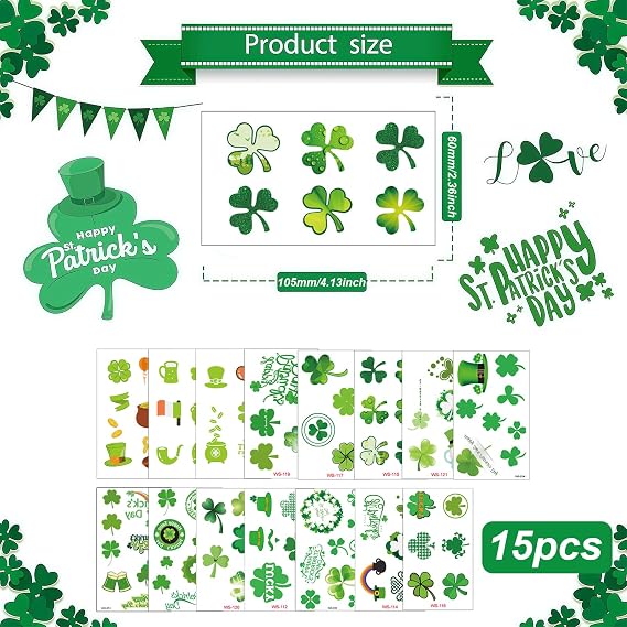 St Patricks Day Temporary Tattoos - 54Pcs Shamrock Decor Supplies, Irish Party Favor St Patty's Day Accessories Leprechauns Arts and Crafts