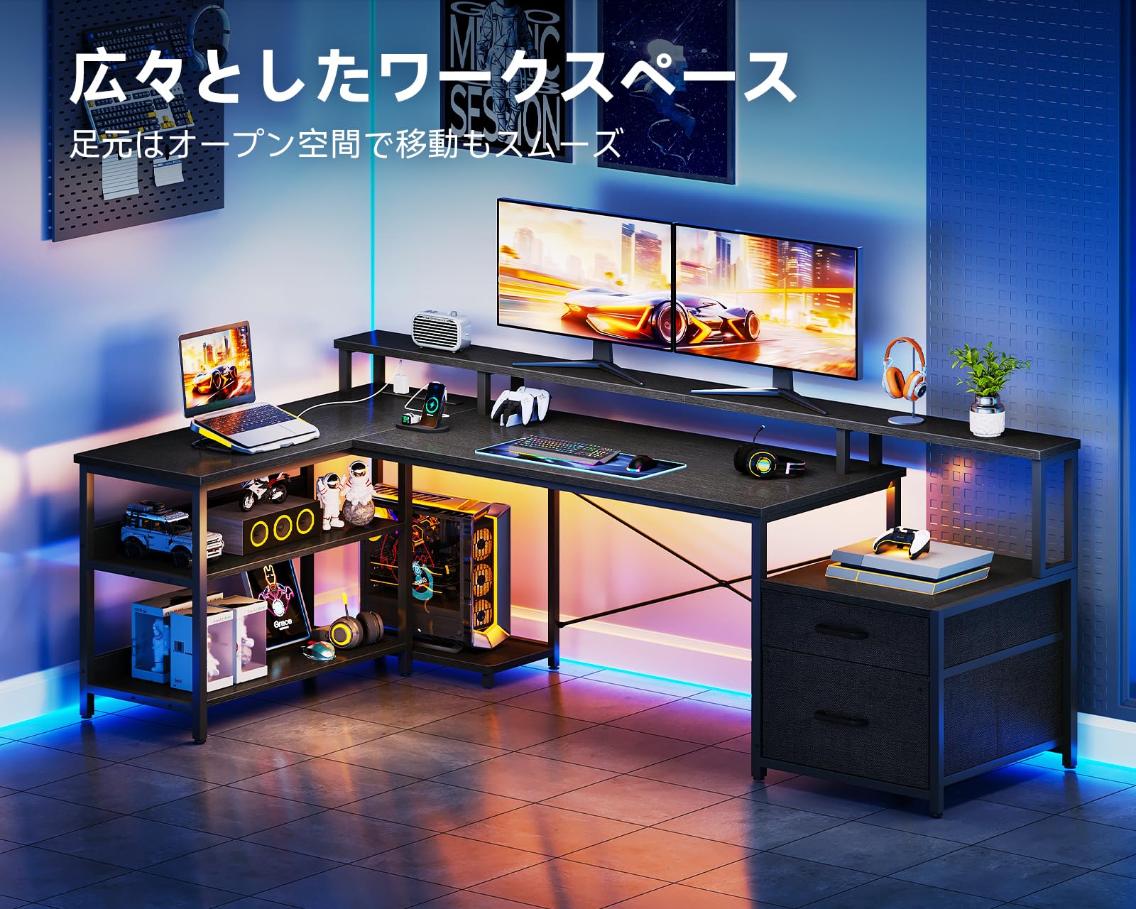 Amazon | ODK パソコンデスク 引き出し2杯 ゲーミングデスク