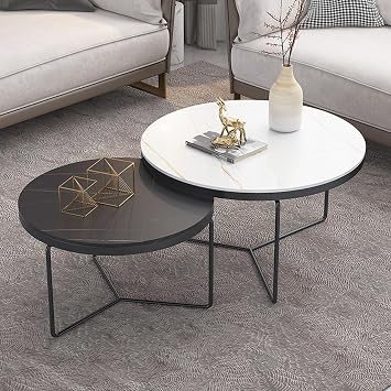 Nesting Tables, Modern Round Coffee Tables, Removable Set of 2 End Table, Farmhouse Coffee Table, Center Tables for Living Room, for Living Room, Small Space, ApartmentWhite+Black,60cm