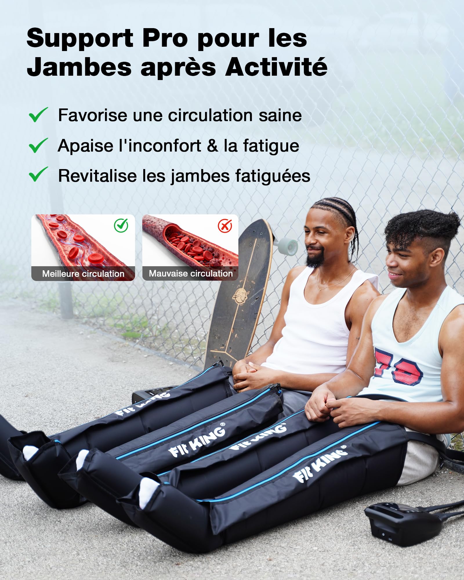 FIT KING Pressothérapie Jambes avec Contrôle 4 Zones, Rechargeable, Bottes de Compression d’Air pour la Récupération et la Relaxation Musculaire Profonde, Portable sans Fil, 12 Intensités, 3 Modes (M)