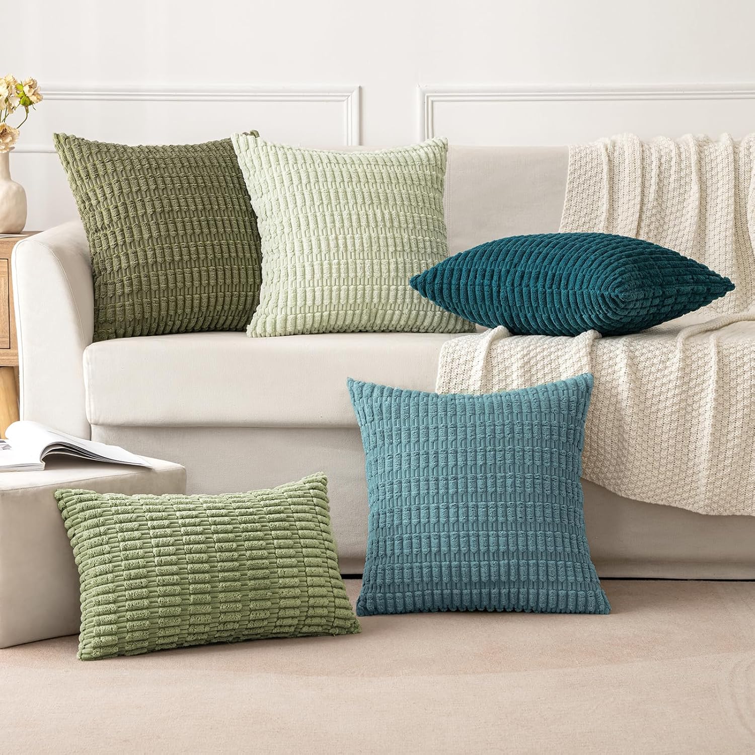 MIULEE Pack of 2 Corduroy Decorative Throw Pillow Covers 18x18 Inch Soft Boho Striped Pillow Covers Modern Farmhouse Home Decor for Summer Coastal Sofa Living Room Couch Bed Coastal Blue