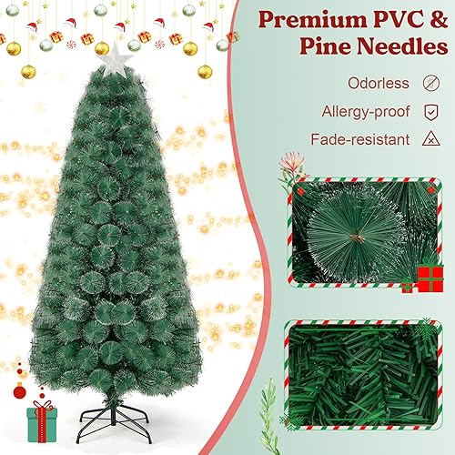 Miniatura 5 de HAPPYGRILL Árbol de Navidad de fibra óptica preiluminado de 6 pies, árbol de Navidad artificial con 185 luces LED multicolor, agujas de pino nevado