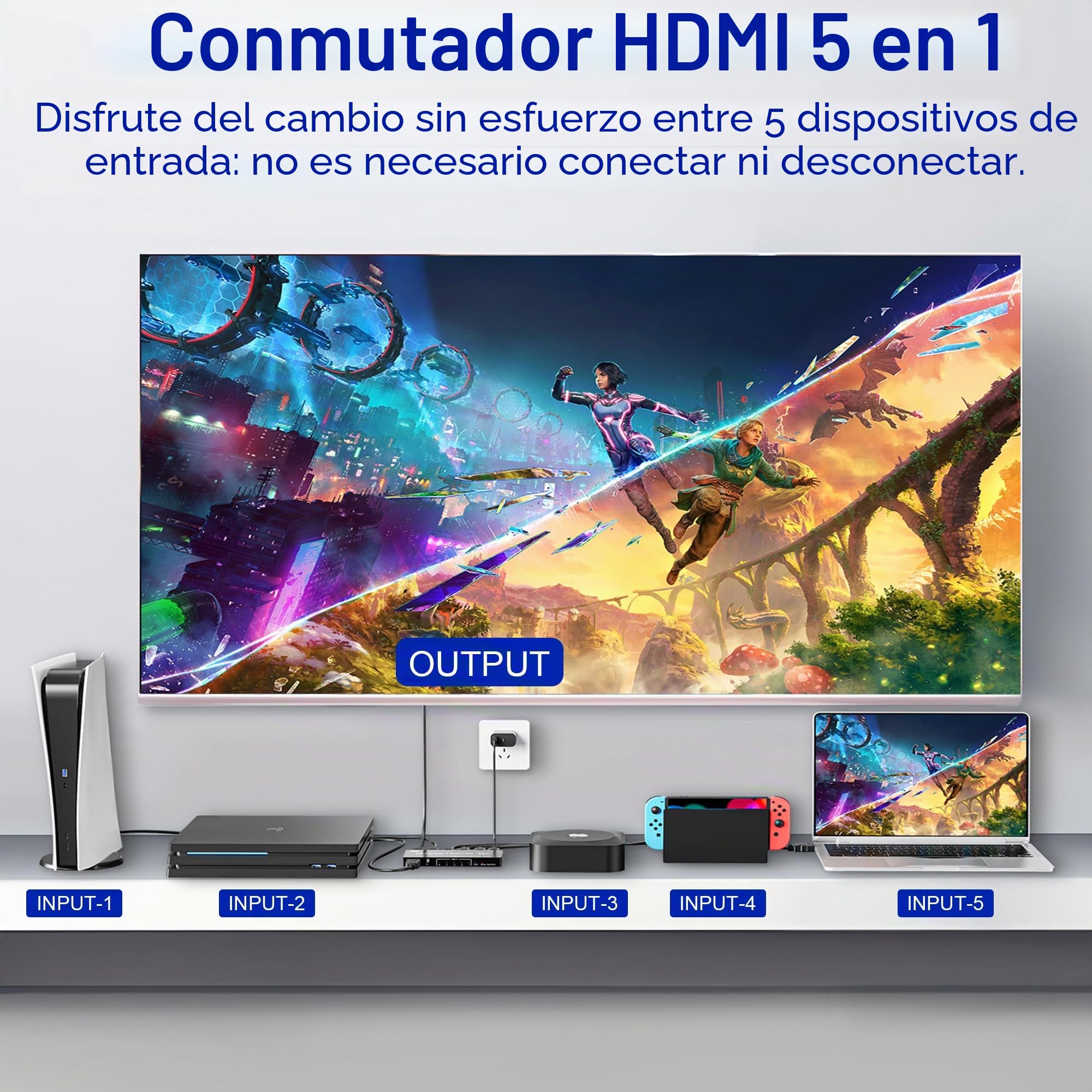 Switch HDMI 2.1 8K 60Hz 4K 120Hz Switcher, 8K Conmutador HDMI 5 Entradas 1 Salida, Selector Hub de Selección Automática 5 Puertos Soporte 8K 60Hz 48Gbps VRR HDCP2.3 HDR10