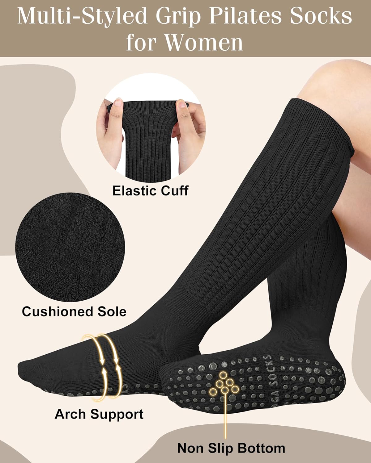 YSense 4 Pairs Pilates Socks with Grips for Women Non Slip Long Slouch Socks Yoga Grippy Sock Slouchy Barre Hospital Slipper - Image 2