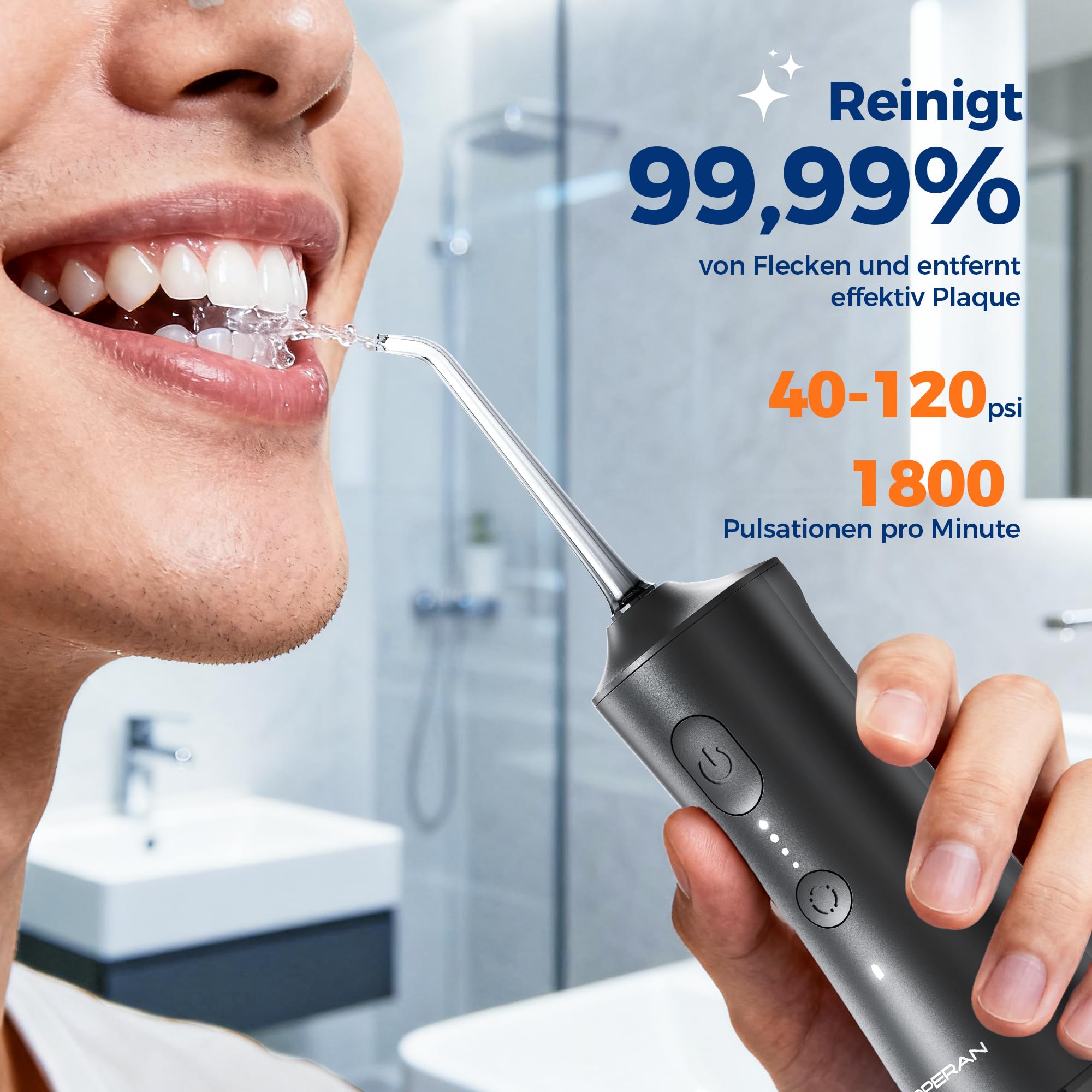 Operan Munddusche Kabellos, Tragbar Elektrische Zahndusche, 300ML Oral Irrigator Munddusche Testsieger für Entfernt Speisereste und Reinigt Die Zähne,Mattschwarz, 1Pack+ 4 Modi & 4 Düsen
