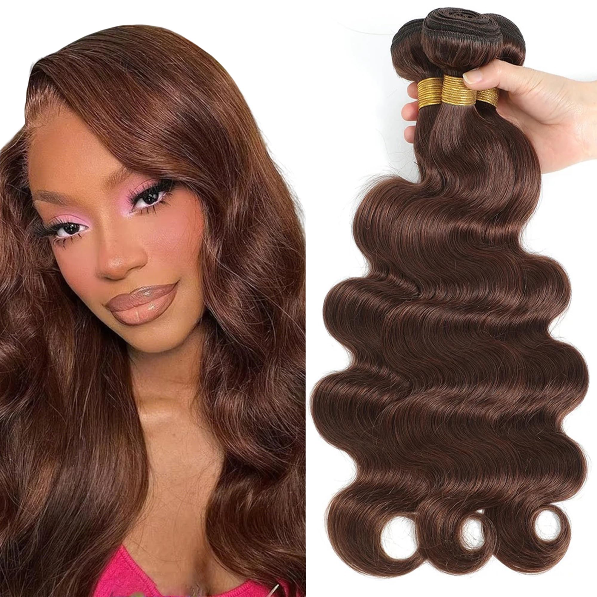 Photo 1 of Chocolate Brown Bundles Human Hair Unprocessed Brazilian Virgin Human Hair Bundles 22 24 26 Inches #4 Brown Body Wave Bundles Double Weft Weave Hair Extension for Women 50g/PC 150g Total