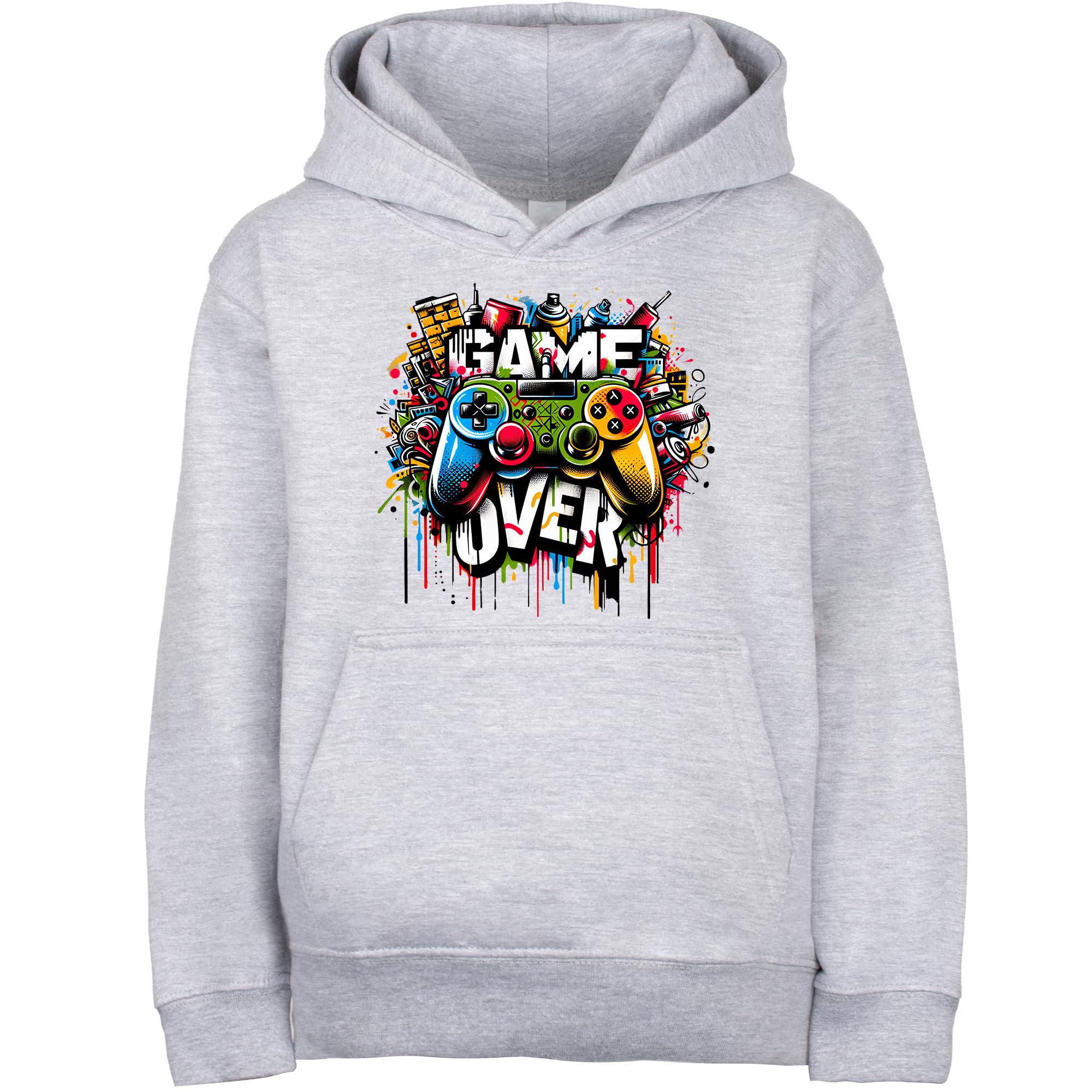 Fringoo Gamer Hoodie for Boys Cotton Rich Soft Hooded Sweatshirt for Boys Gaming Pullover Jumper with Kangaroo Pocket Age 5-13 (UK, Age, 12 Years, 13 Years, Regular, GREY - Game Over Graffiti)