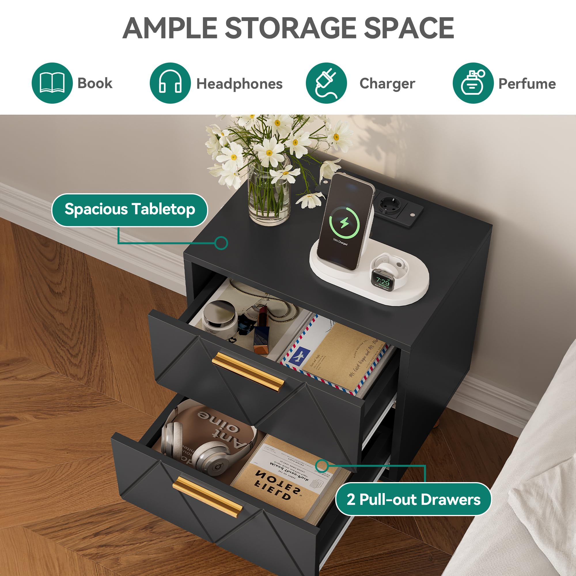YITAHOME Table de Chevet avec 2 Tiroirs, 2 Ports USB et 2 Prises de Courant, Table d'Appoint avec Pieds et Poignées en Métal Doré, Bout de Canapé pour Salon, Chambre à Coucher, 40x 30 x 52cm, Noir