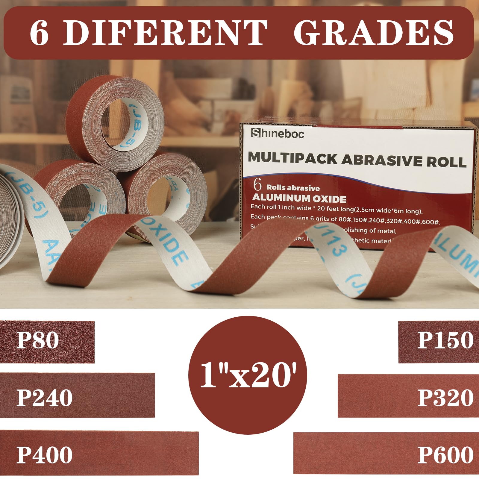 Shineboc Emery Cloth Roll,Sandpaper Roll 80/150/240/320/400/600 Grit 2.5 CM X 6 M Emery Paper Abrasive Sanding Paper Roll 6 Rolls of Wet and Dry Sandpaper - Image 4