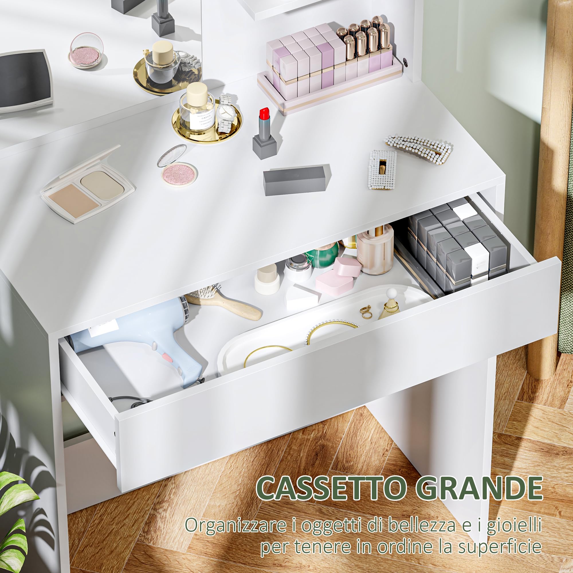 HOMCOM Toeletta Trucco Elegante con Specchio Moderno 75x40x137 cm Bianco | Ampio Cassetto Portaoggetti, 3 Ripiani, Postazione Trucco, Postazione Make Up per Camera da Letto