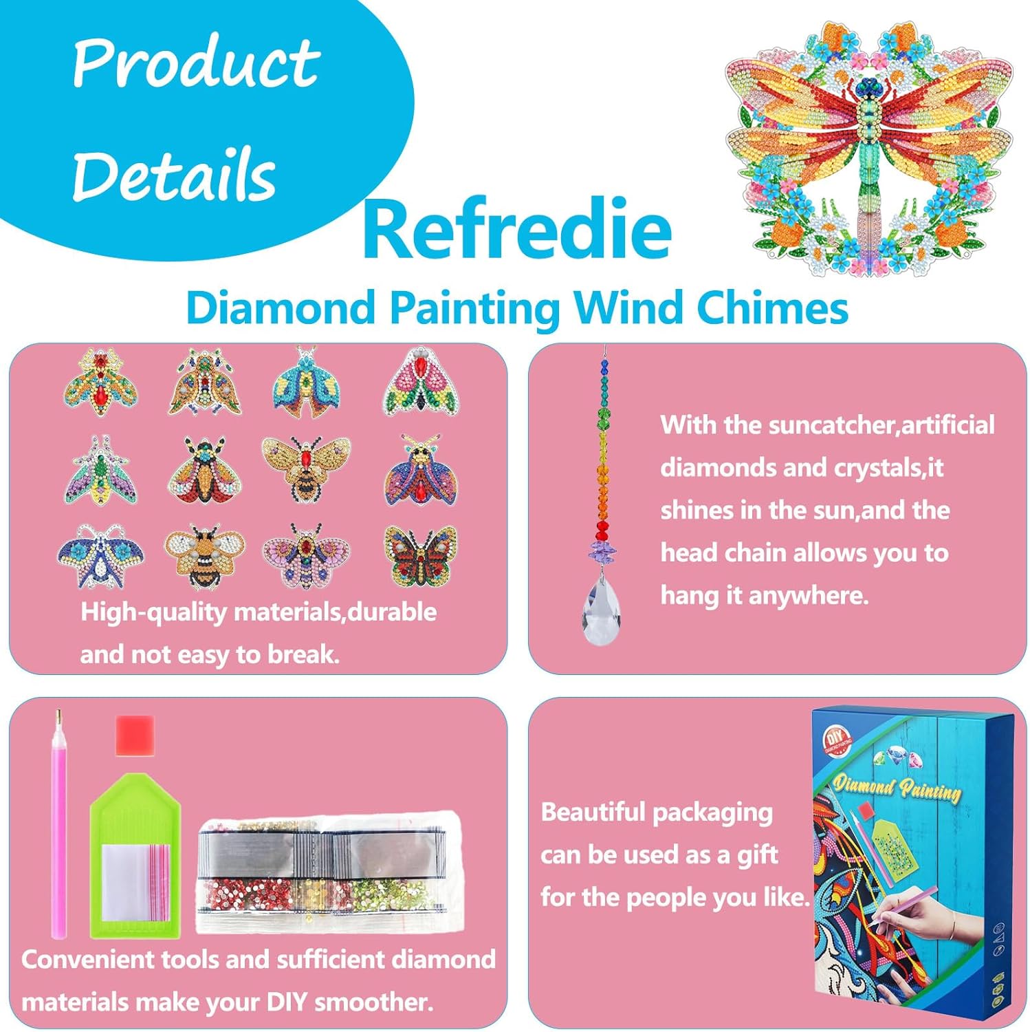 Refredie Diamond Painting Wind Chimes-Diamond Art Suncatchers-DIY Double Sided 5D Diamond Art Painting Wind Chimes Kits-DIY Crystal Wind Chimes-Garden Decor-Relaxing Gifts