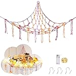 CERETIA Stuffed Animal Hammock with LED Light, Large Stuffed Animals Storage Corner Plushie Net for Kids Room Decor, Rainbow