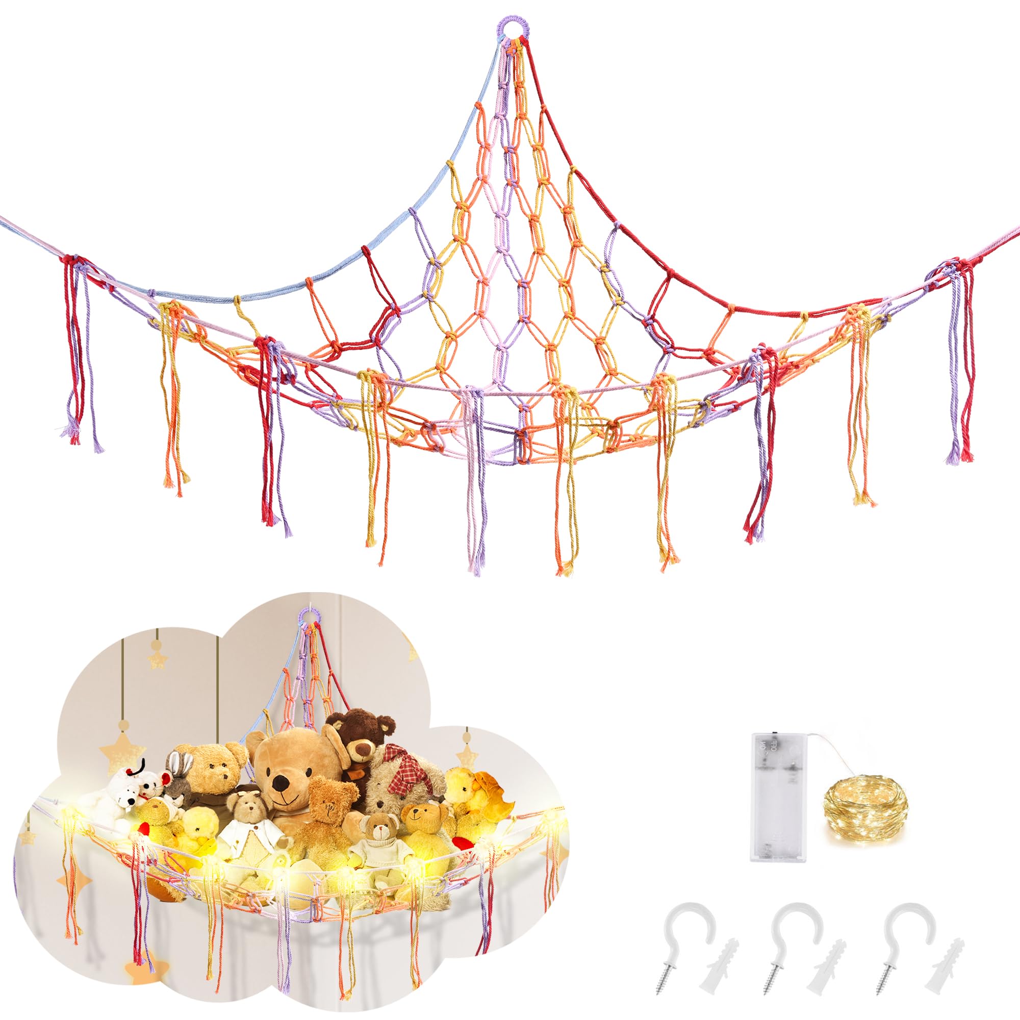 CERETIA Stuffed Animal Hammock Corner Plushie Net Storage, Jumbo Rainbow
