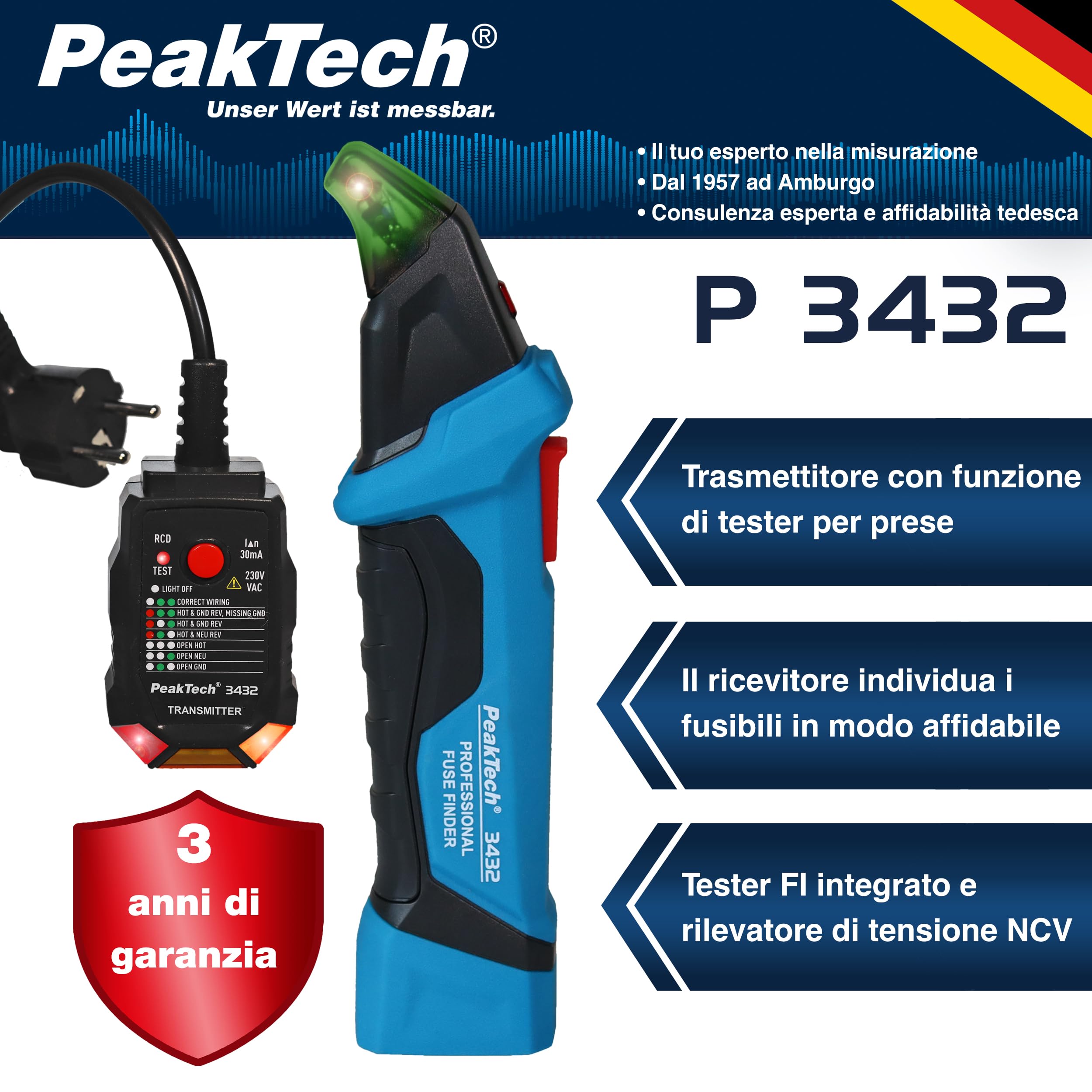 PeakTech P 3432, rilevatore di fusibili, dispositivo di localizzazione per circuiti elettrici, tester di tensione senza contatto, con tester per prese Schuko da 230 V, tester di fase NCV, dispositivo