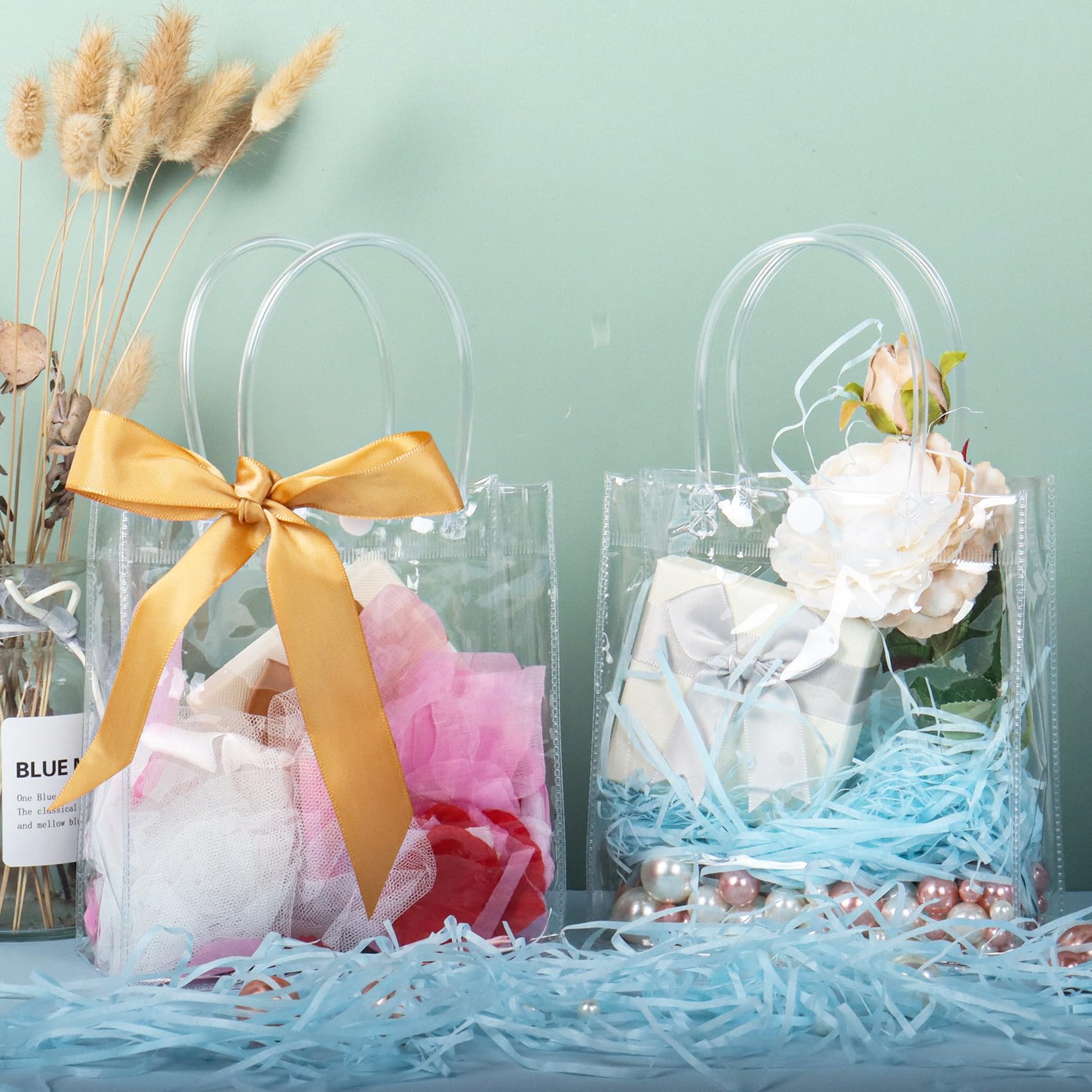 6 Sacchetti Regalo Trasparenti Con Fiocchi Verdi - 16x15x7 Cm - In Plastica Resistente Con Manici - Perfetti Per Piccoli Regali - 3