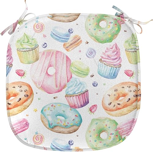 Miniatura 2 de Lunarable Sweets - Juego de 4 cojines de asiento para silla, deliciosos cupcakes de macarrón, donas, muffins, azúcar, sabroso y delicioso diseño de