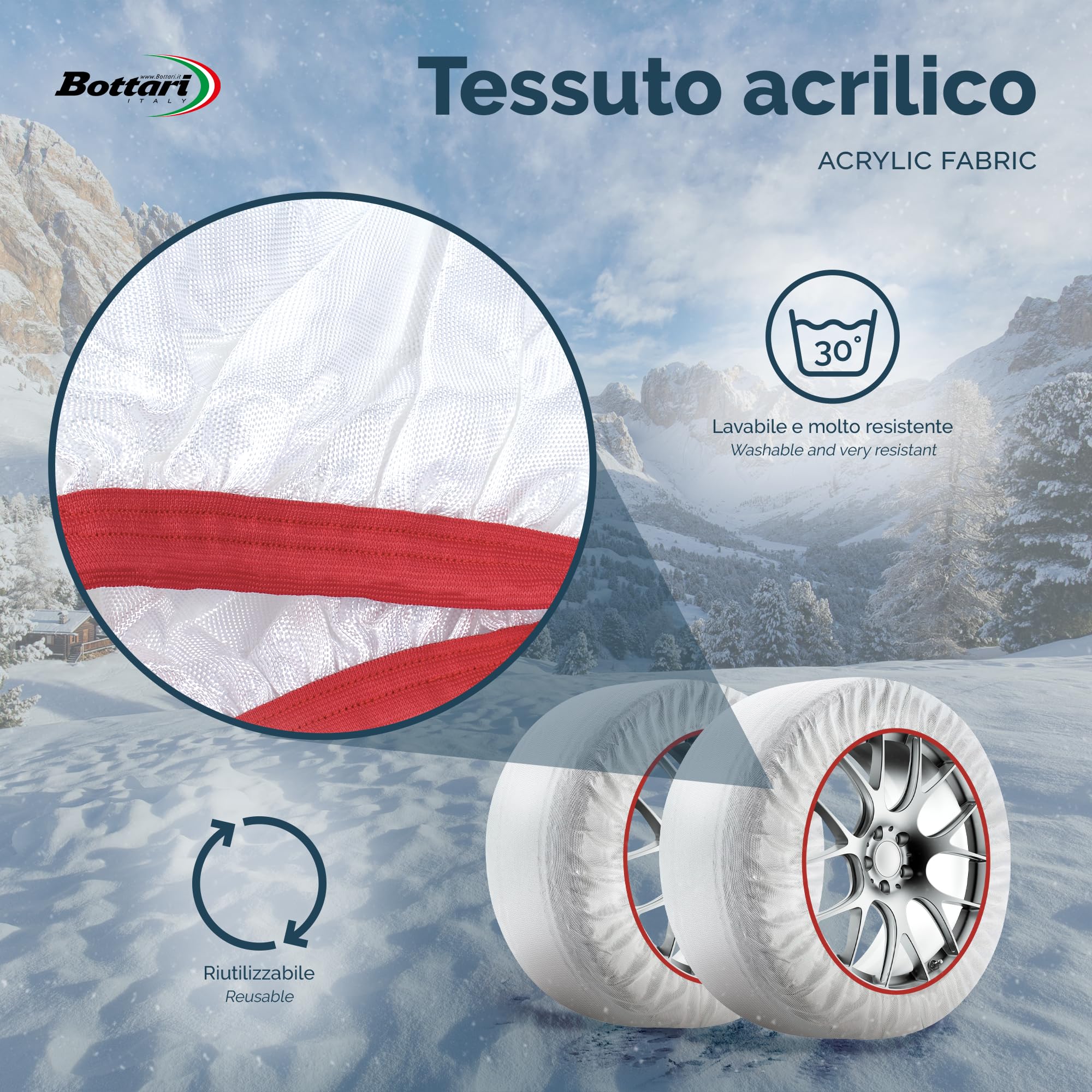 Bottari Calze da Neve Snow Socks Omologate Italia, Taglia XL, Bianco, Catene da Neve Tessili per R14 - R21 (Misure per Pneumatici Dettagliate all'Interno)
